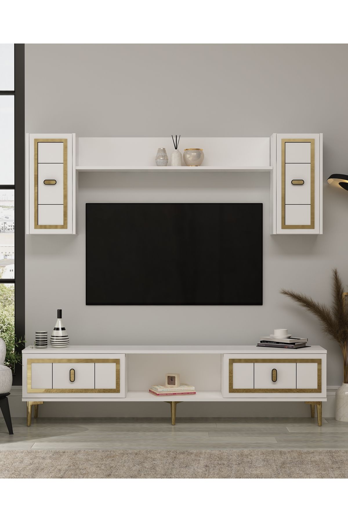 cantek dizayn ORİONCT TV ÜNİTESİ TAKIMI BEYAZ-ALTIN