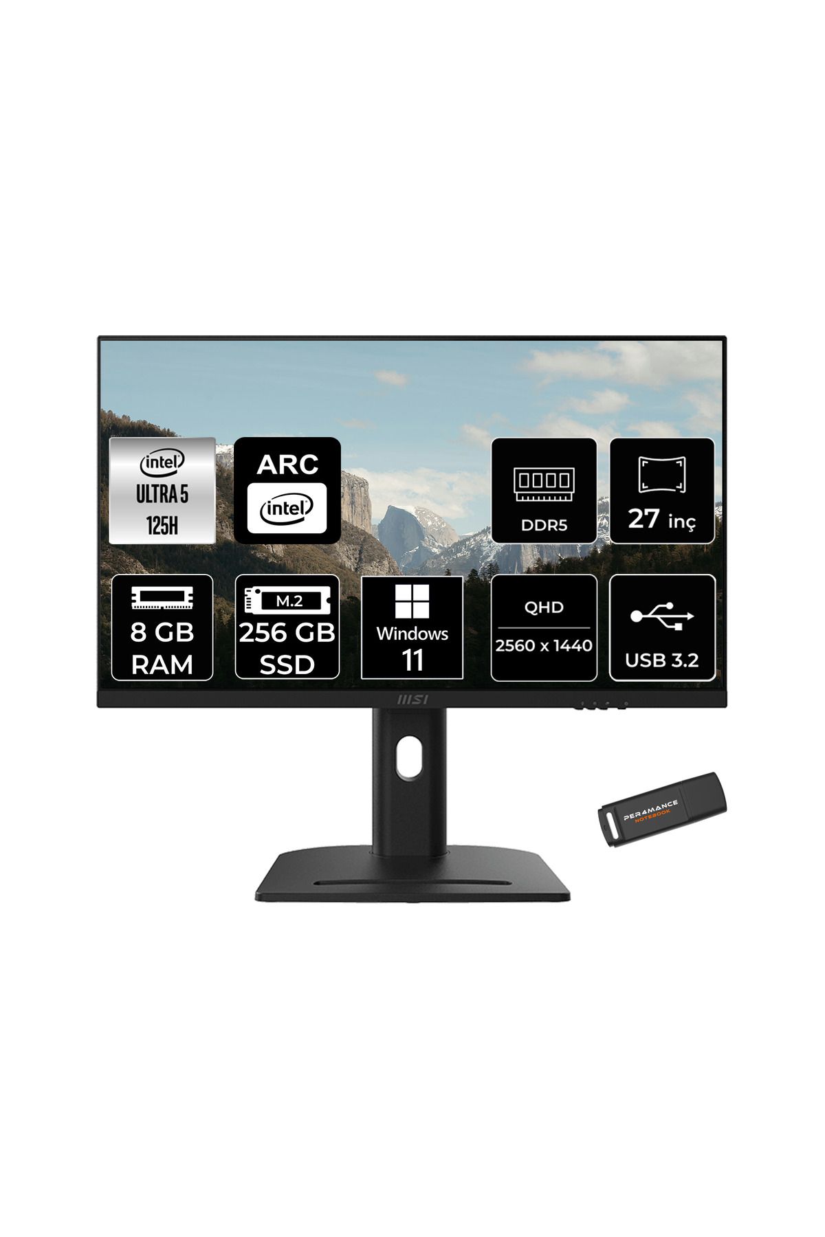MSI Modern AM273QP AI Ultra 5 125H 8GB 256GB SSD 27" WQHD 100Hz W11P All in One Bilgisayar & USB