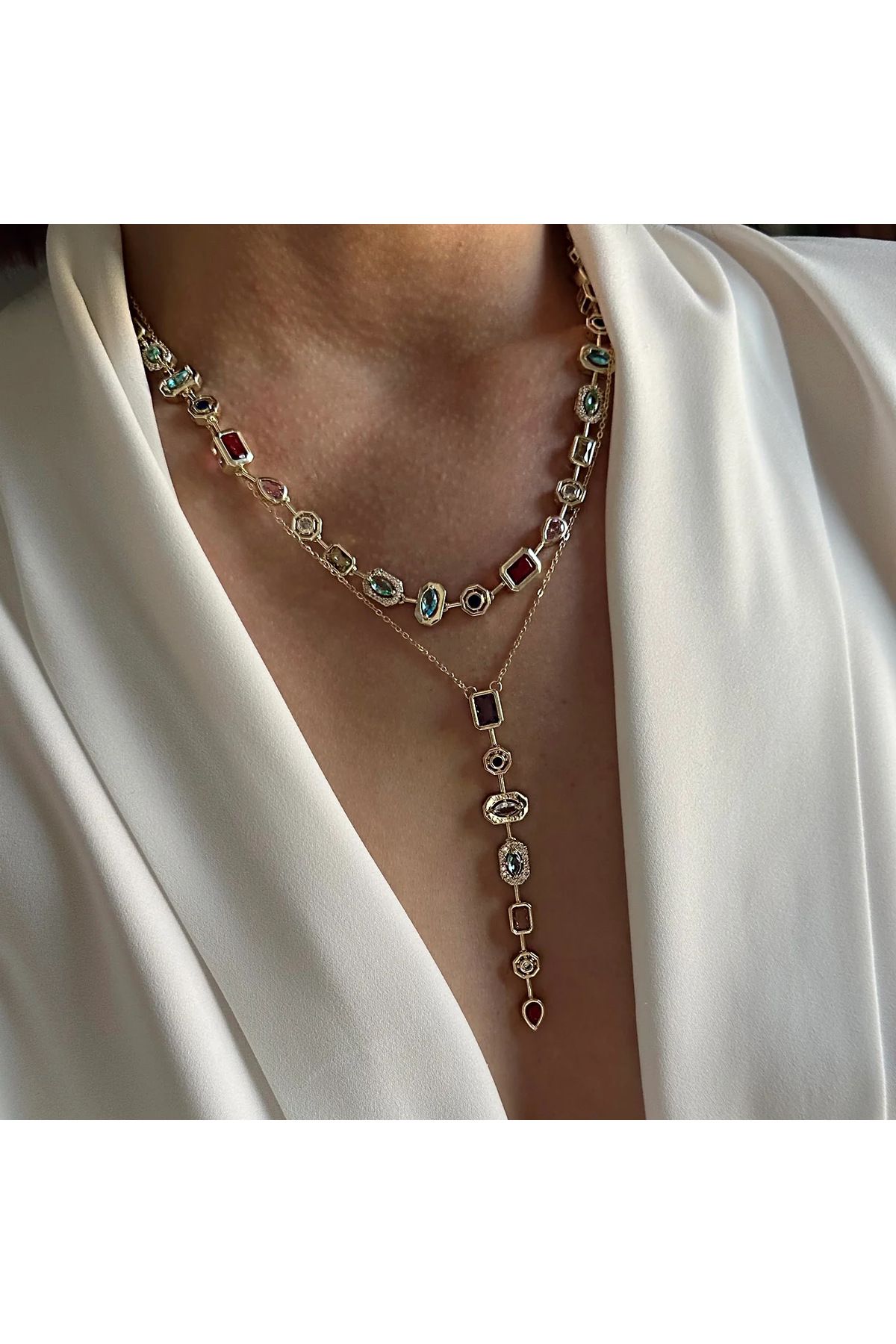 JELLY Kadın 14K Renkli Zirkon Taşlı Sıralı Çok Renkli 7 Element Aura Tamtur Model VİP Choker Tasarım Kolye