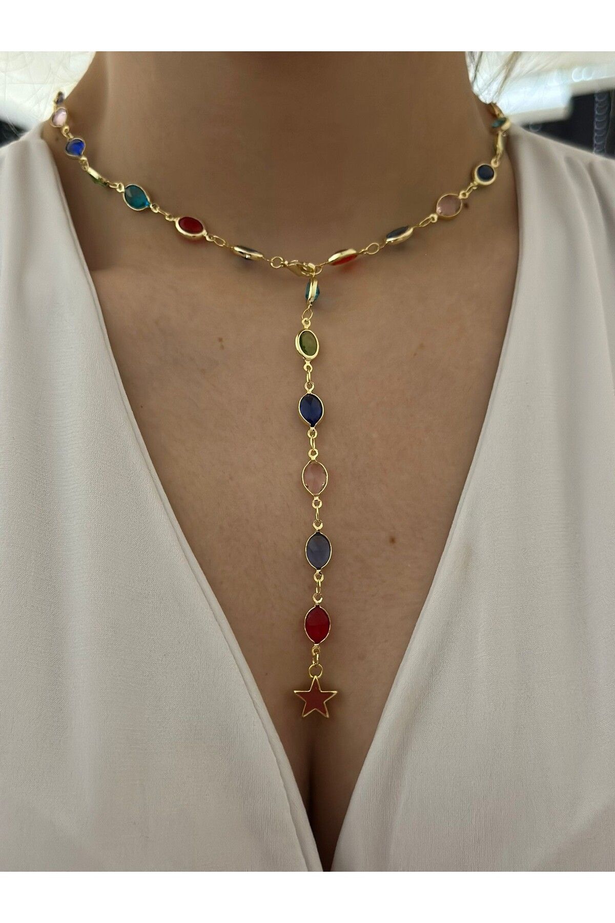 MyladyAccessoriess Renkli Oval Kesim Yıldız Detaylı Çelik Y Kolye
