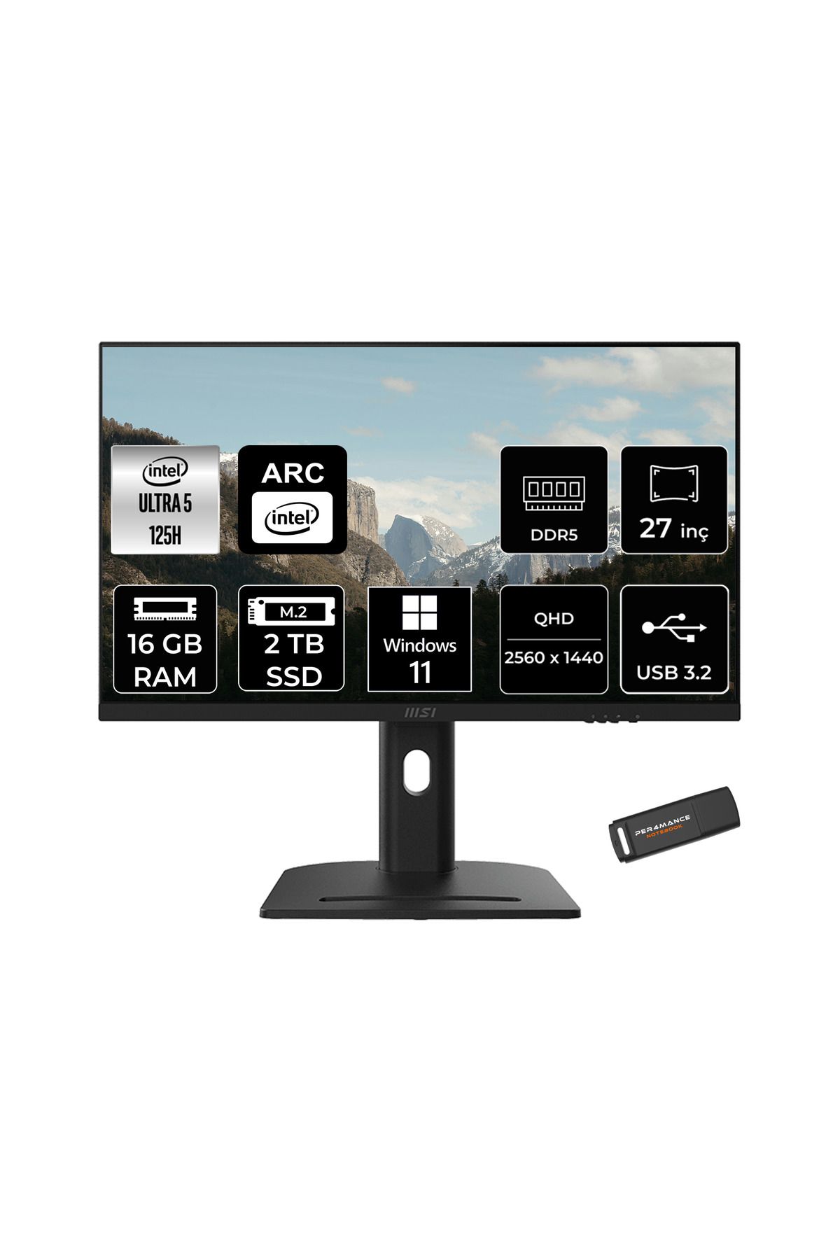 MSI Modern AM273QP AI Ultra 5 125H 16GB 2TB SSD 27" WQHD 100Hz W11P All in One Bilgisayar & USB