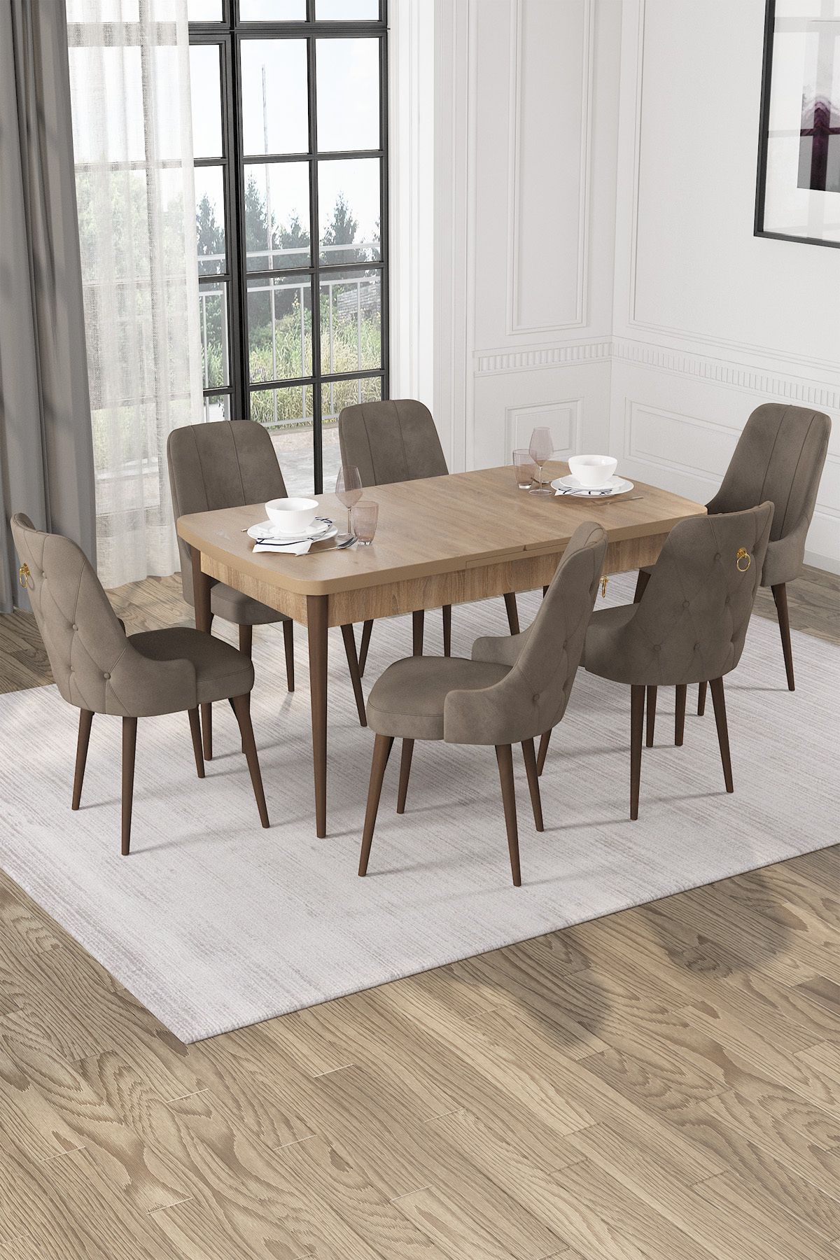 Hira Wessa Serisi 80x132 Açılabilir MDF Meşe Masa Takımı 6 Cappucino Sandalye Kahve Ayak