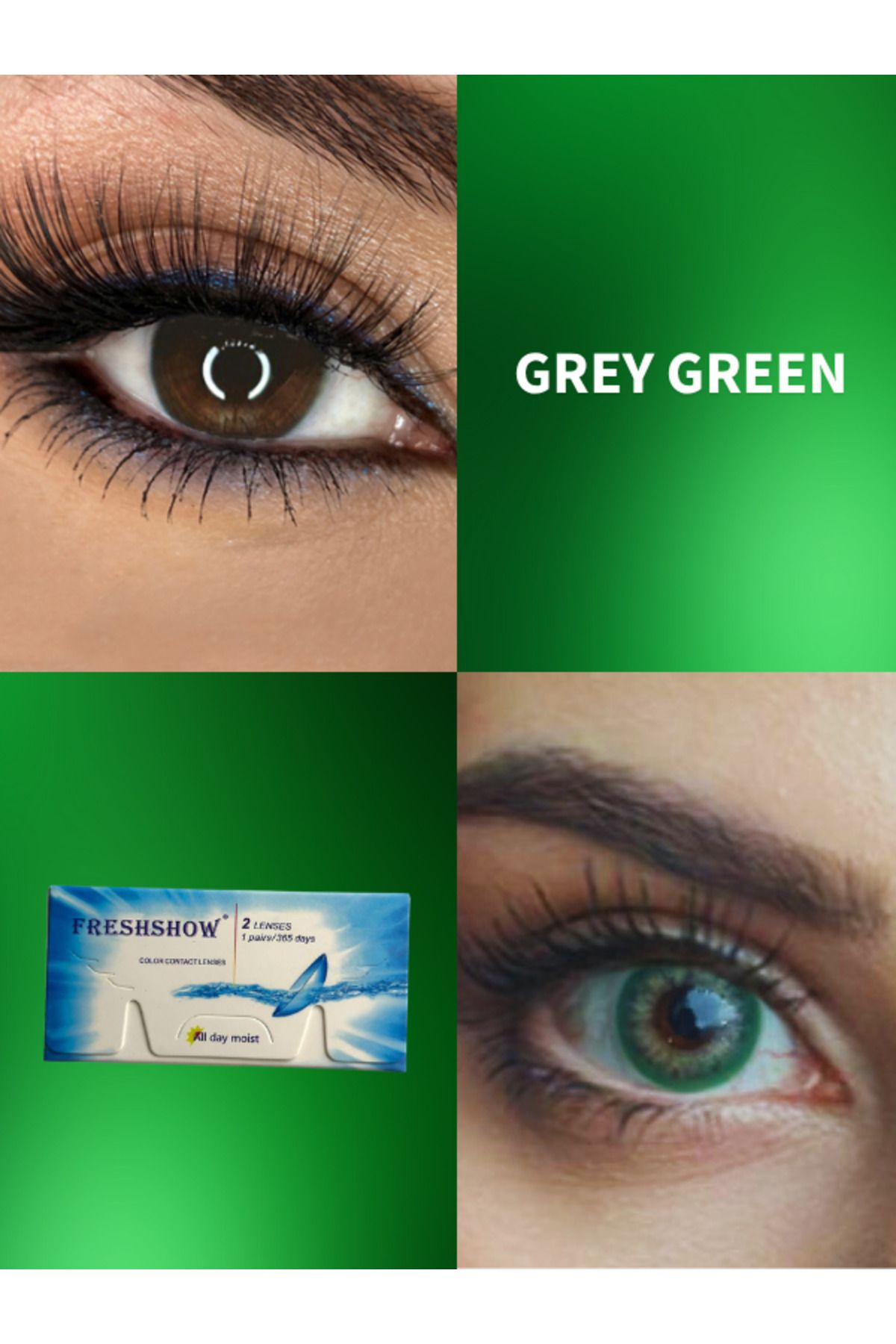 RABIR Grey Green Yeşil Gri Yıllık Kirpik Lens Solüsyonu ve Lens Kabı