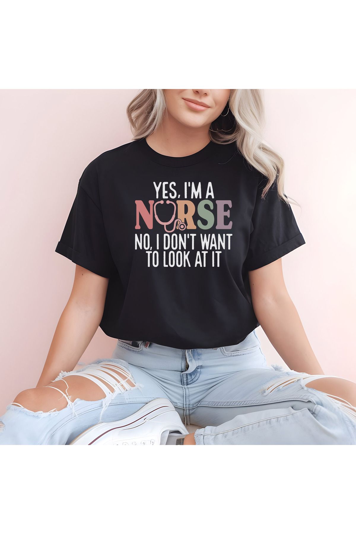 giftkonsept Yes I'm A Nurse No I Don't Want To Look At It Hemşire Hediyelik %100 Pamuklu Regular Siyah Tişört
