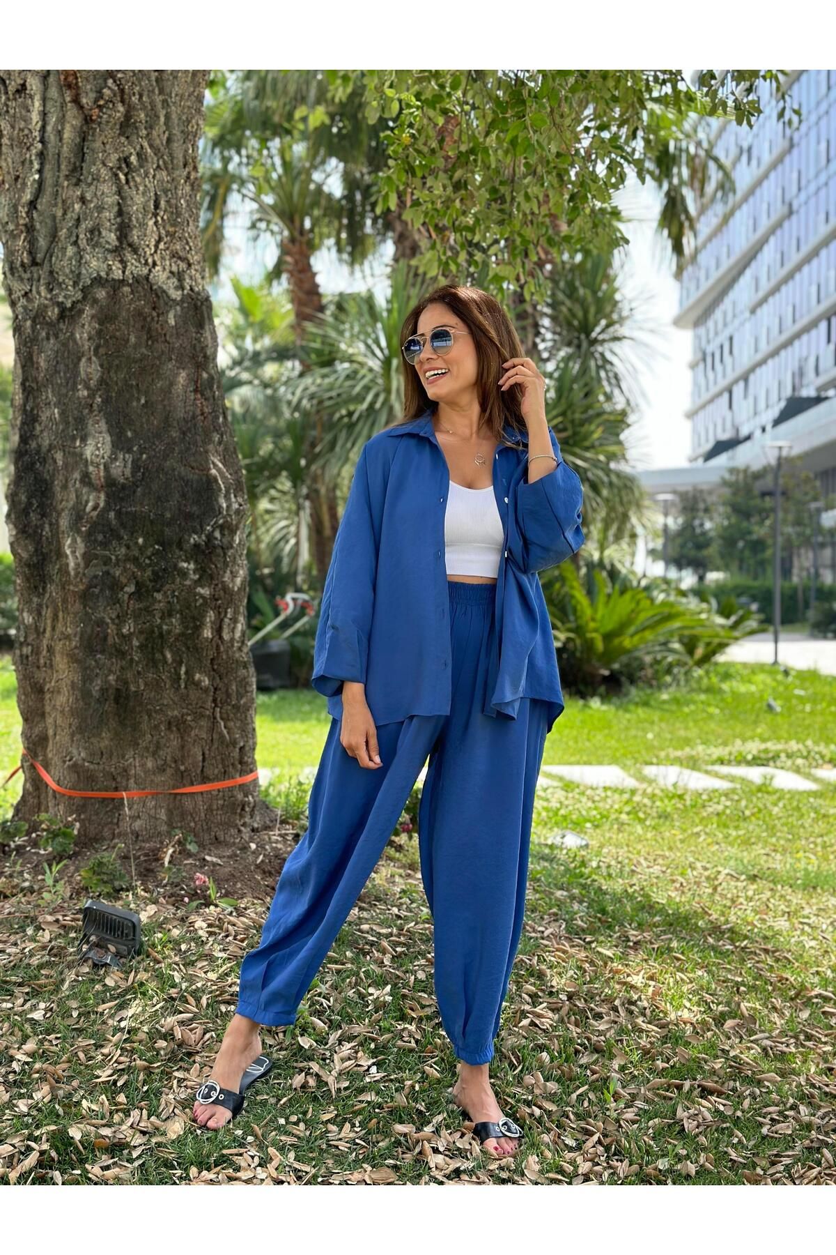Forlady Butik İndigo Truvakar Kol Gömlek Balon Pantolon Kadın Tnsel Alt Üst Takım