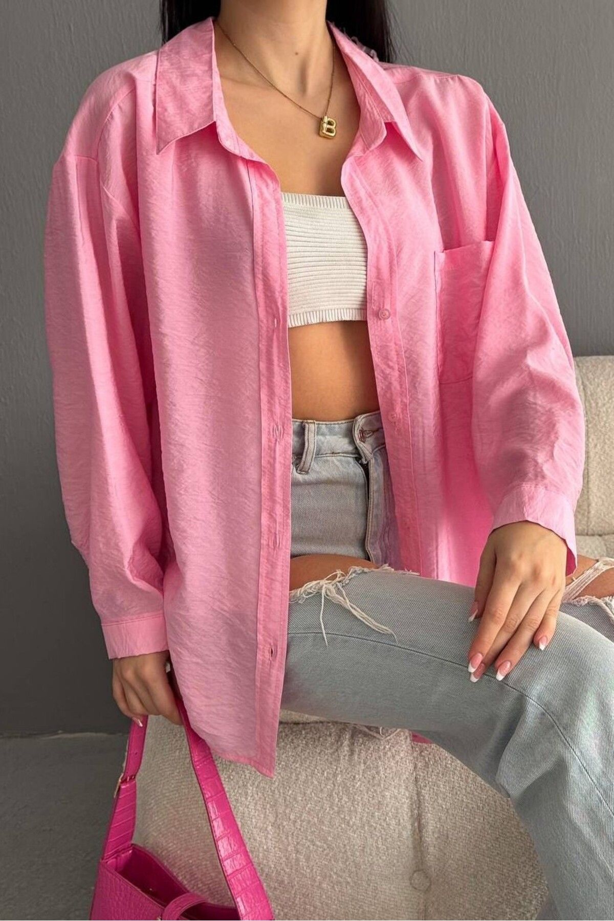 Hisleria Yazlık Kadın Viskon Kumaş Düşük Omuz Oversize Pembe Gömlek
