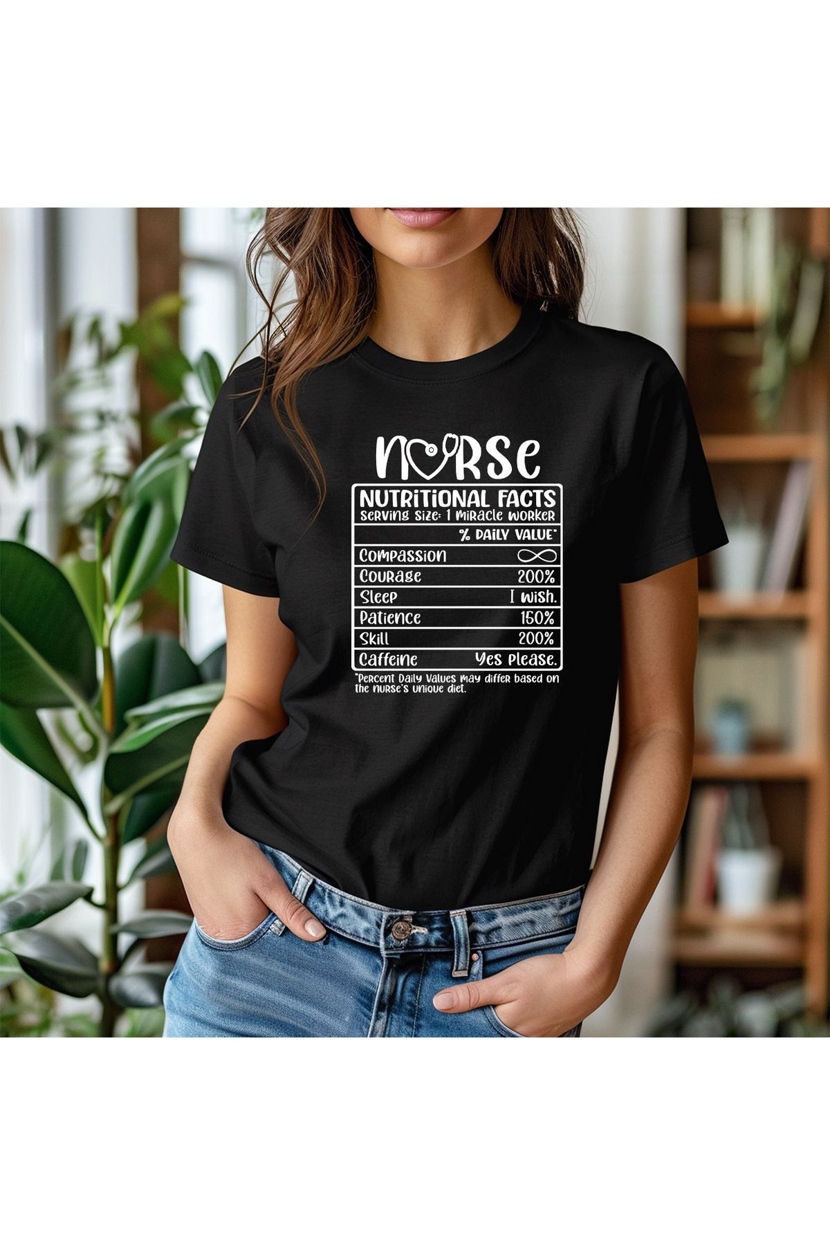 giftkonsept Nurse Nutritional Facts Hemşire Hediyelik %100 Pamuklu Regular Siyah Tişört