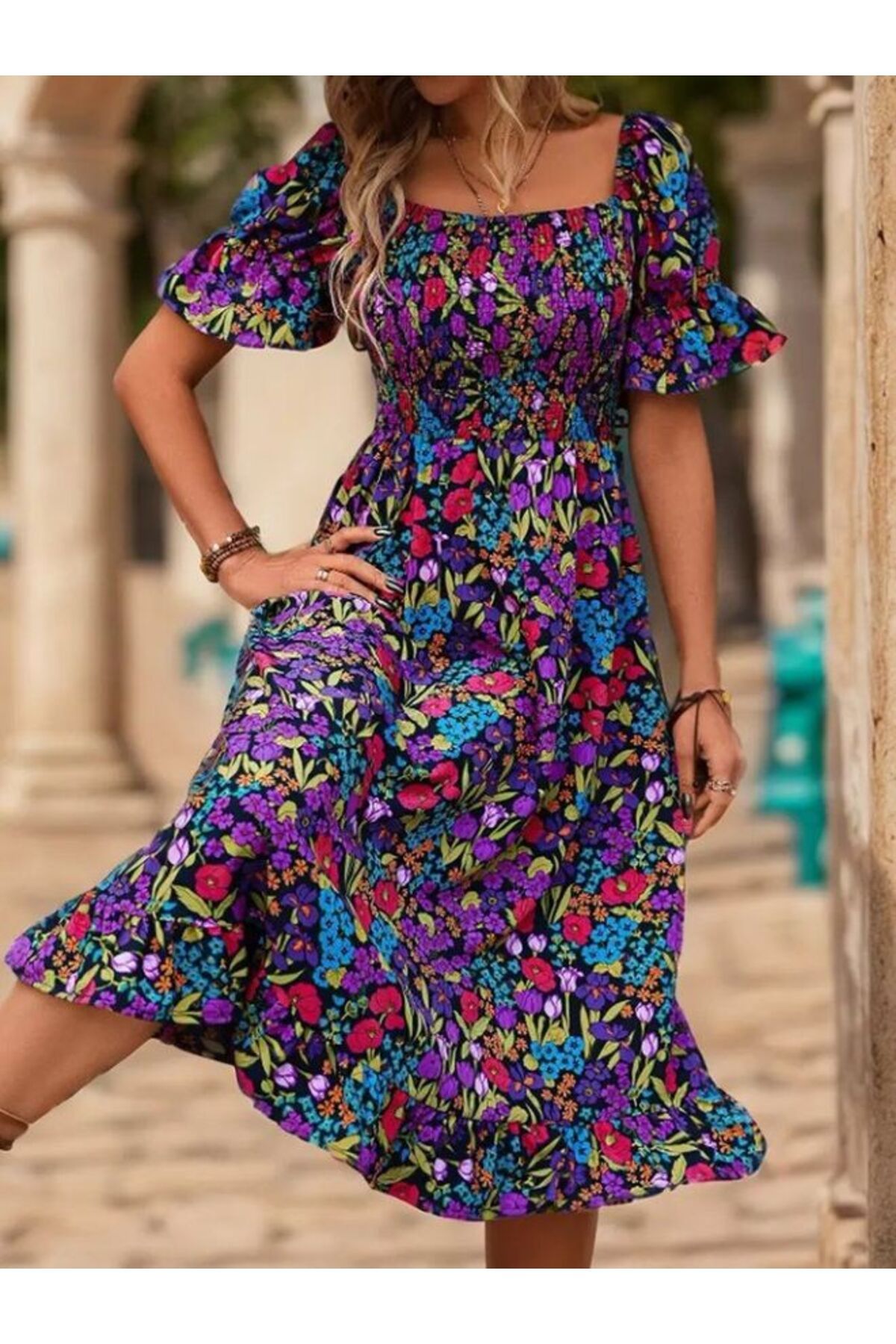 GÜLÇİNCE Çicek Desenli Kare Yaka Beli Lastikli Yaz Deniz Plaj Kumsal Yeni Sezon S M L XL 2XL 3XL ELlbise
