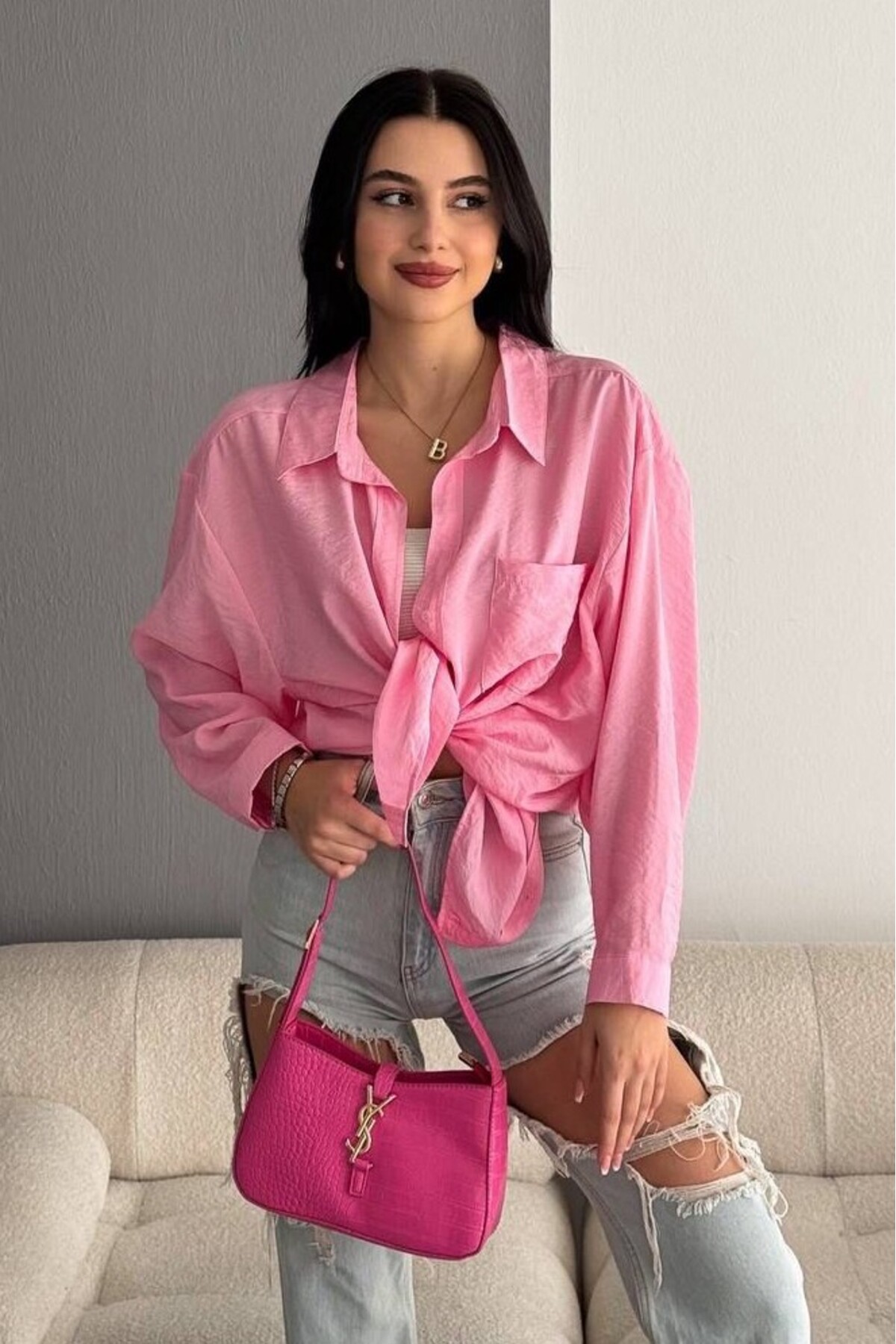 Yazlık Kadın Viskon Kumaş Düşük Omuz Oversize Pembe Gömlek