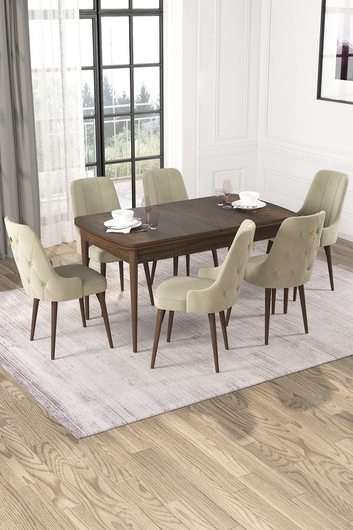 Hira Wessa Serisi 80x132 Açılabilir MDF Barok Ahşap Desen Masa Takımı 6 Krem Sandalye