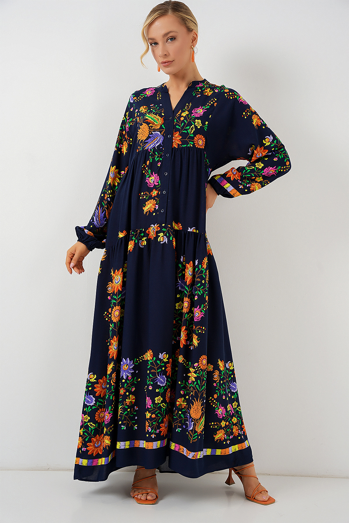 Bigdart  2423 Otantik Desenli Tesettür Elbise - Düz Lacivert - Görsel 3