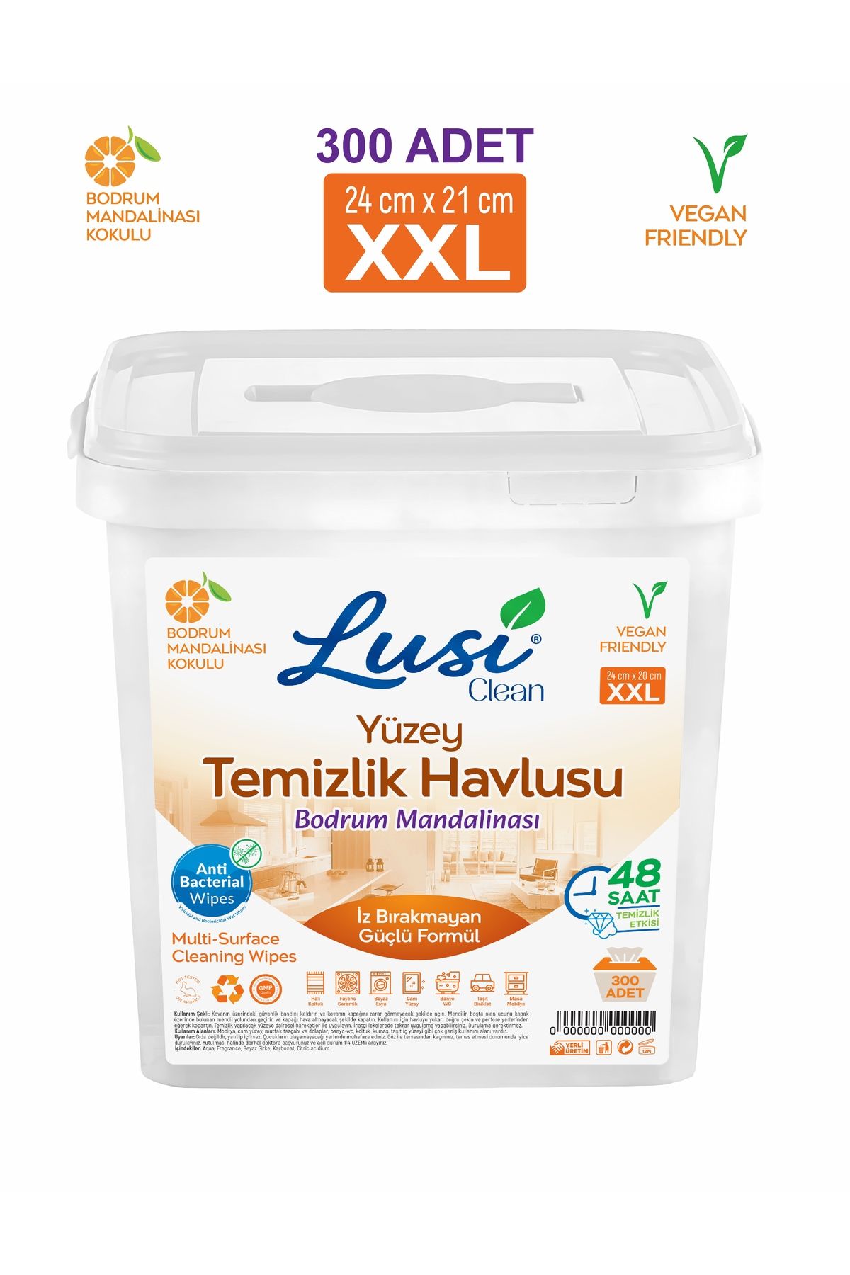 lusi clean Yüzey Temizlik Havlusu Bodrum Mandalina Islak Kova Mendil 300 Adet XXL