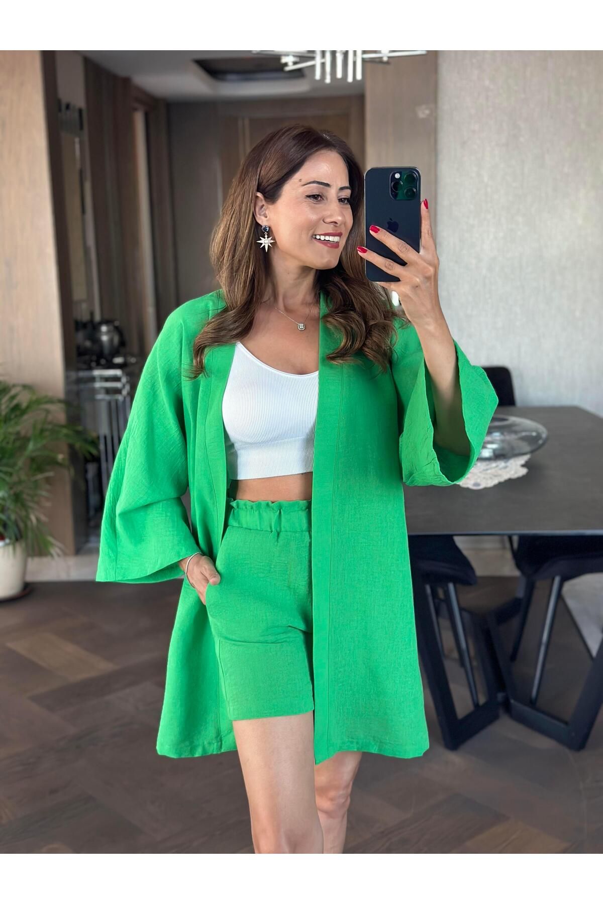 Forlady Butik Yeşil Aerobin Şortlu Kimono Kadın Alt Üst Takım