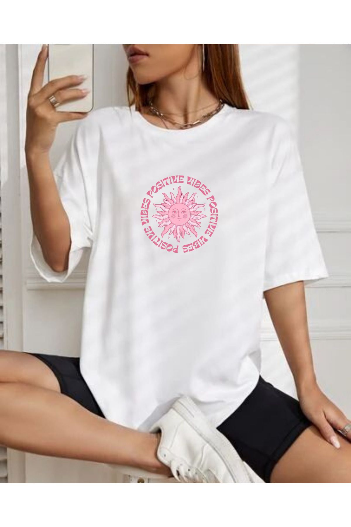 MELAS BASKI Pamuklu Oversize Baskılı Beyaz Tshirt