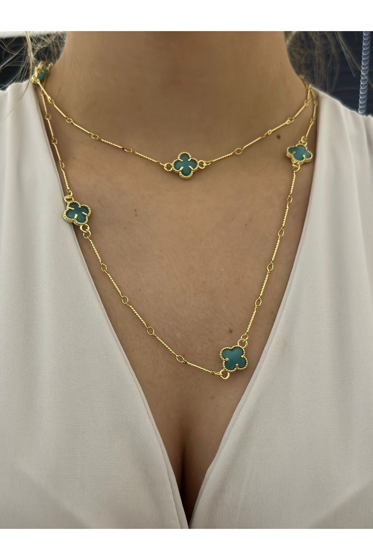 MyladyAccessoriess Mavi Yonca Detay Uzun Dolamalı Çelik Kolye