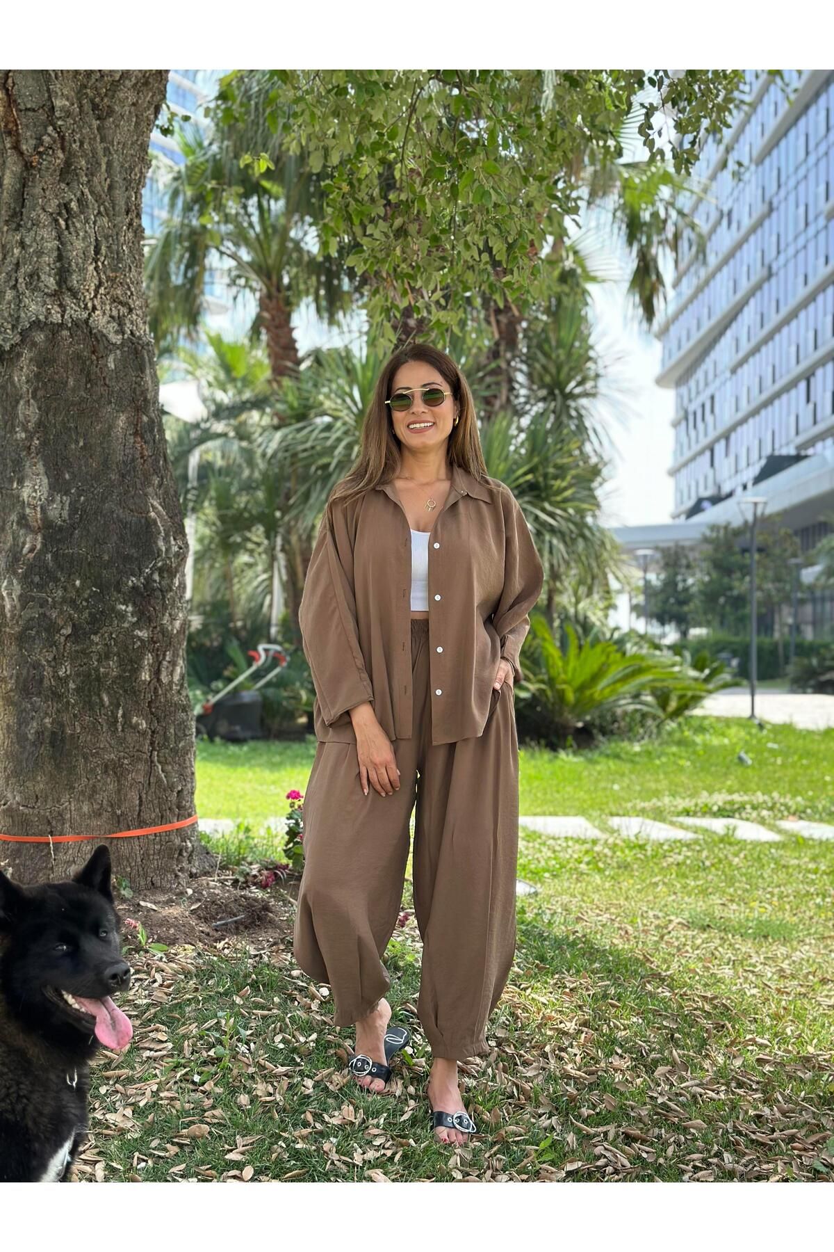Forlady Butik Kahverengi Truvakar Kol Gömlek Balon Pantolon Kadın Tnsel Alt Üst Takım