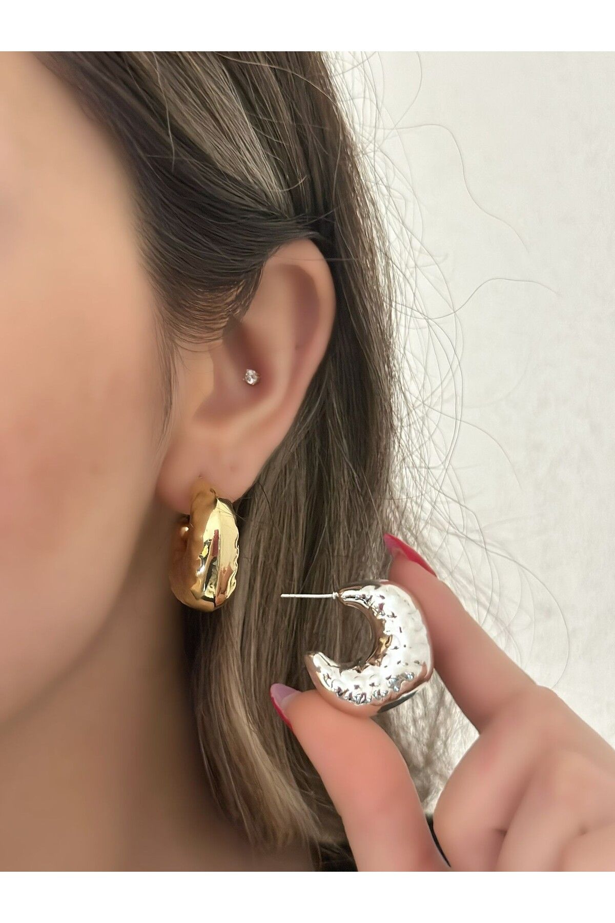 MyladyAccessoriess Dövme Plaka Geometrik Küpe (Çelik) Gümüş