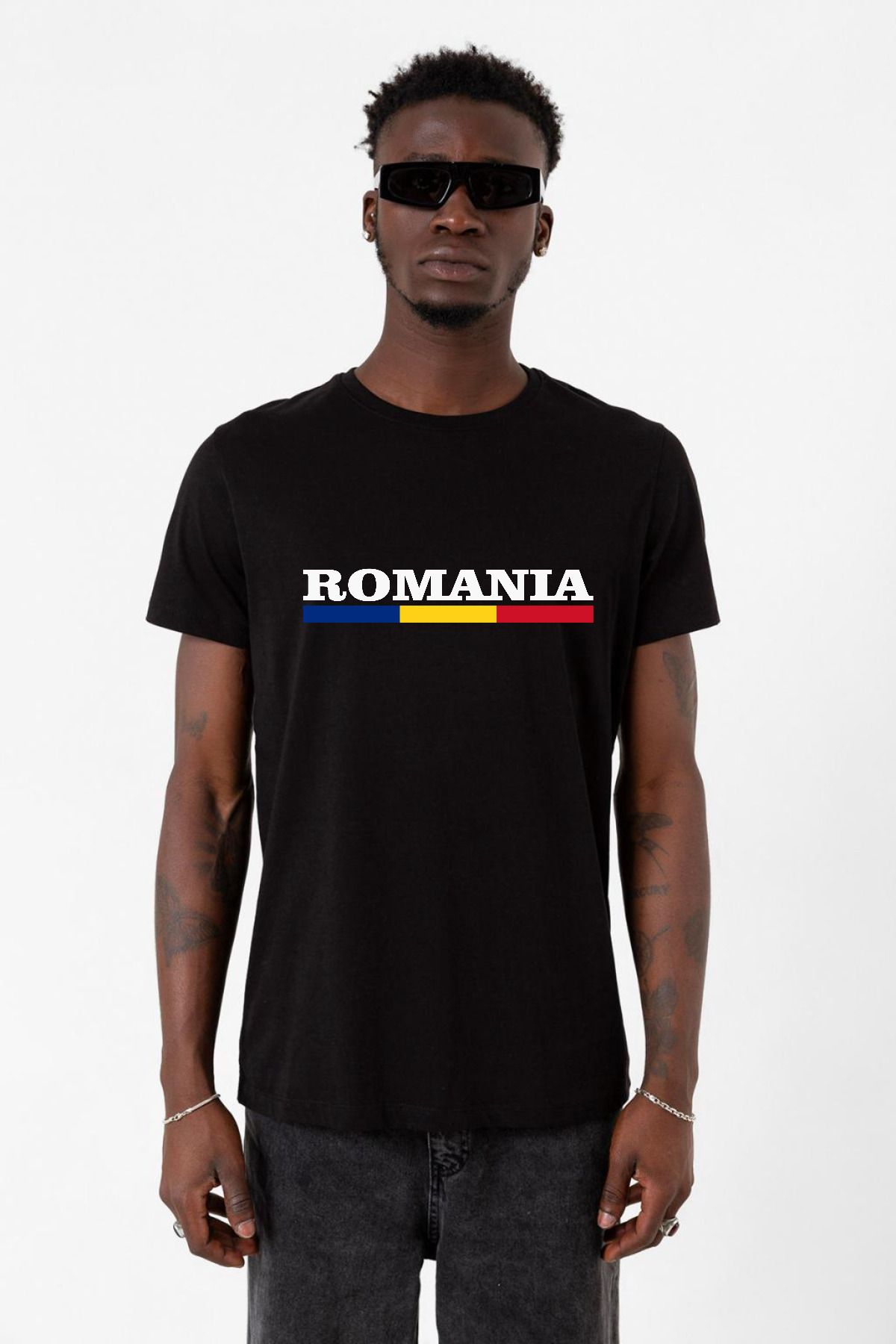 Tshirthane Romania Flag Lettern Siyah Erkek Tshirt