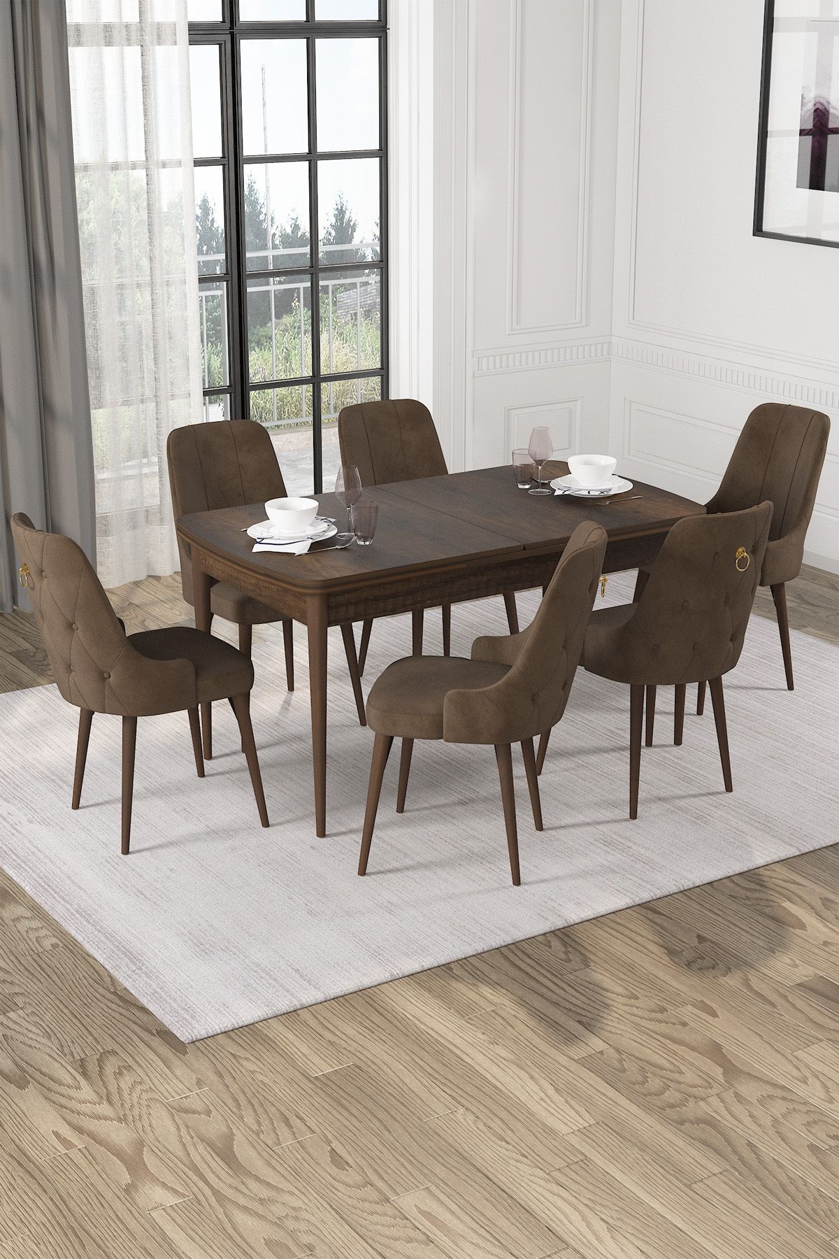 Hira Wessa Serisi 80x132 Açılabilir MDF Barok Ahşap Desen Masa Takımı 6 Kahve Sandalye