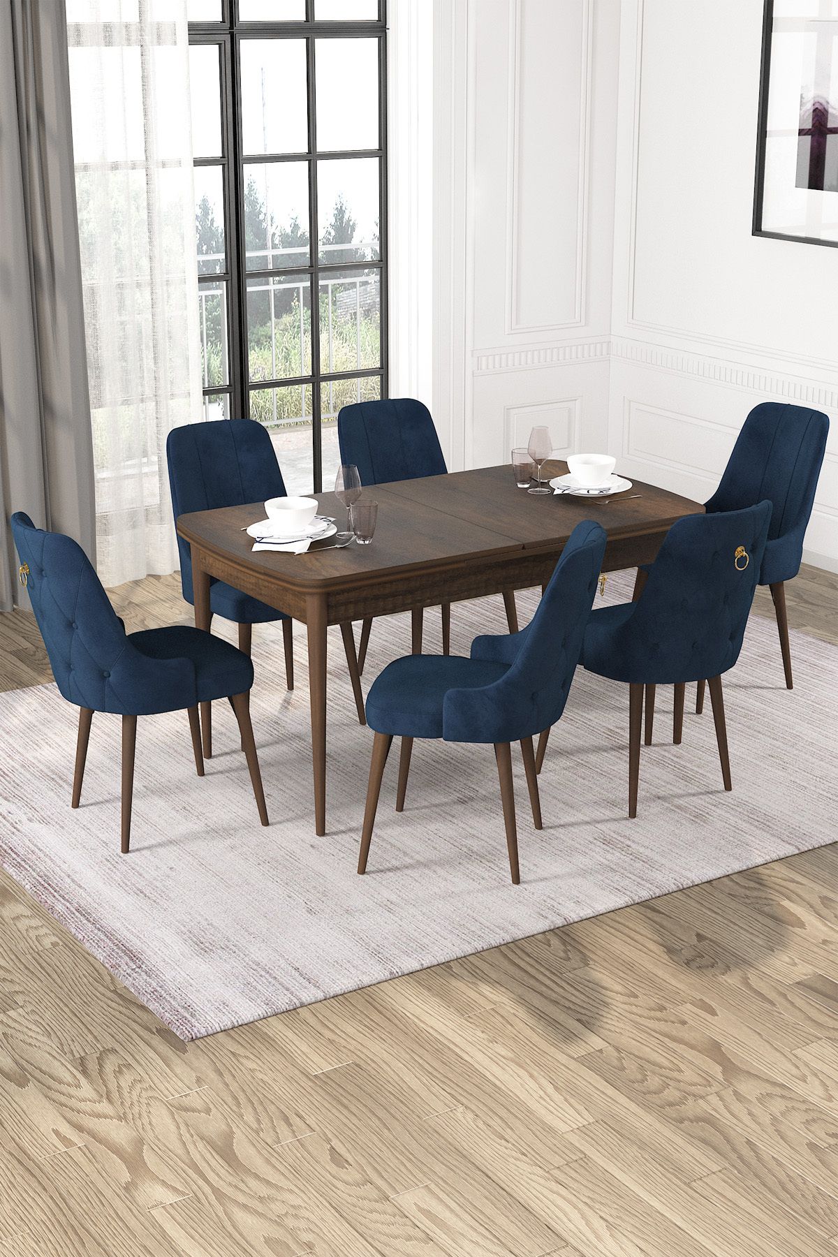Hira Wessa Serisi 80x132 Açılabilir MDF Barok Ahşap Desen Masa Takımı 6 Lacivert Sandalye