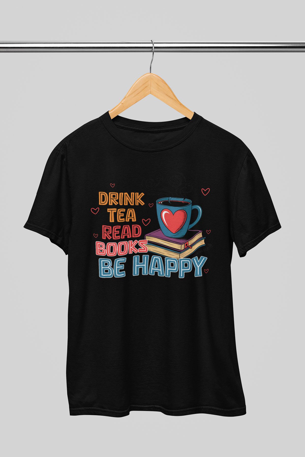 giftkonsept Drink Tea Read Books Be Happy Kitap Hediyelik %100 Pamuklu Regular Siyah Tişört