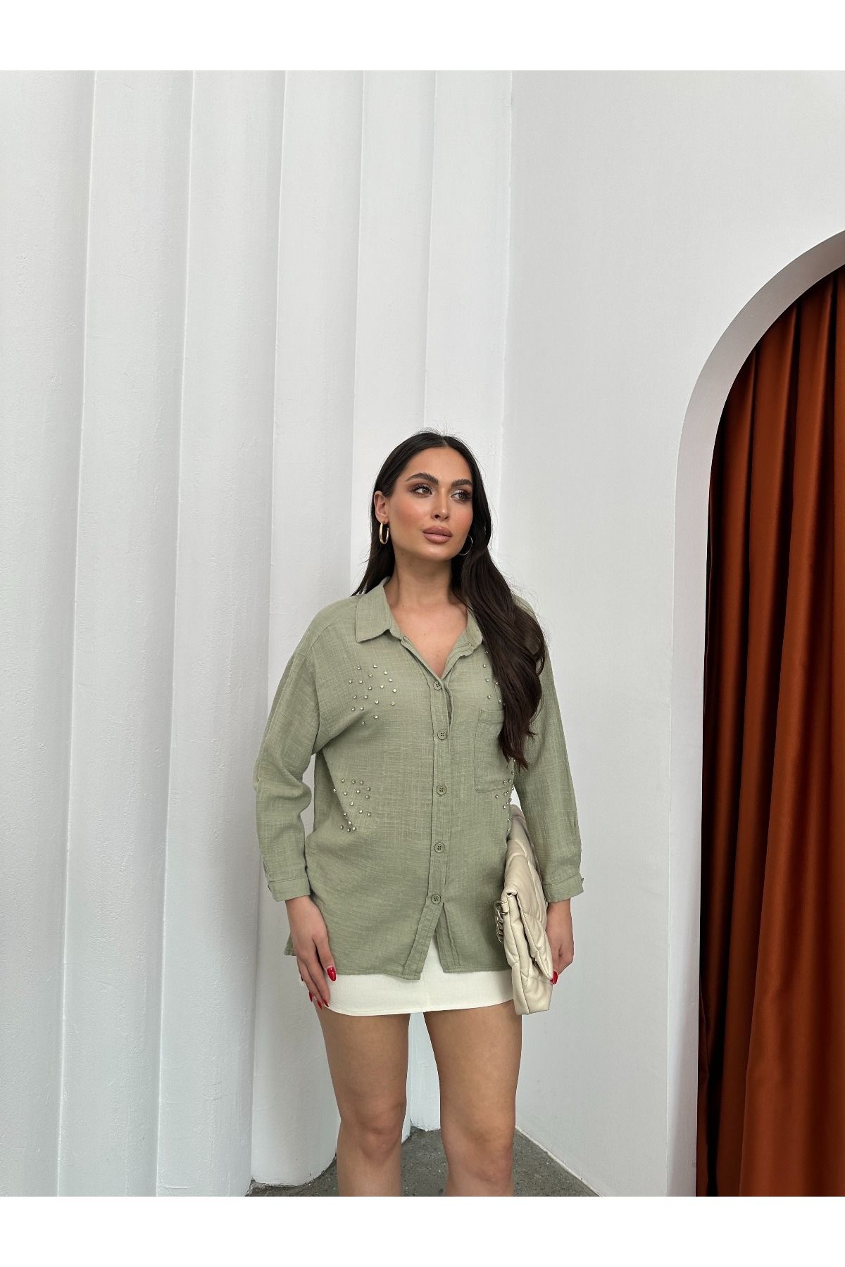 AsprinFashion CEBİ TAŞ BASKILI KETEN GÖMLEK