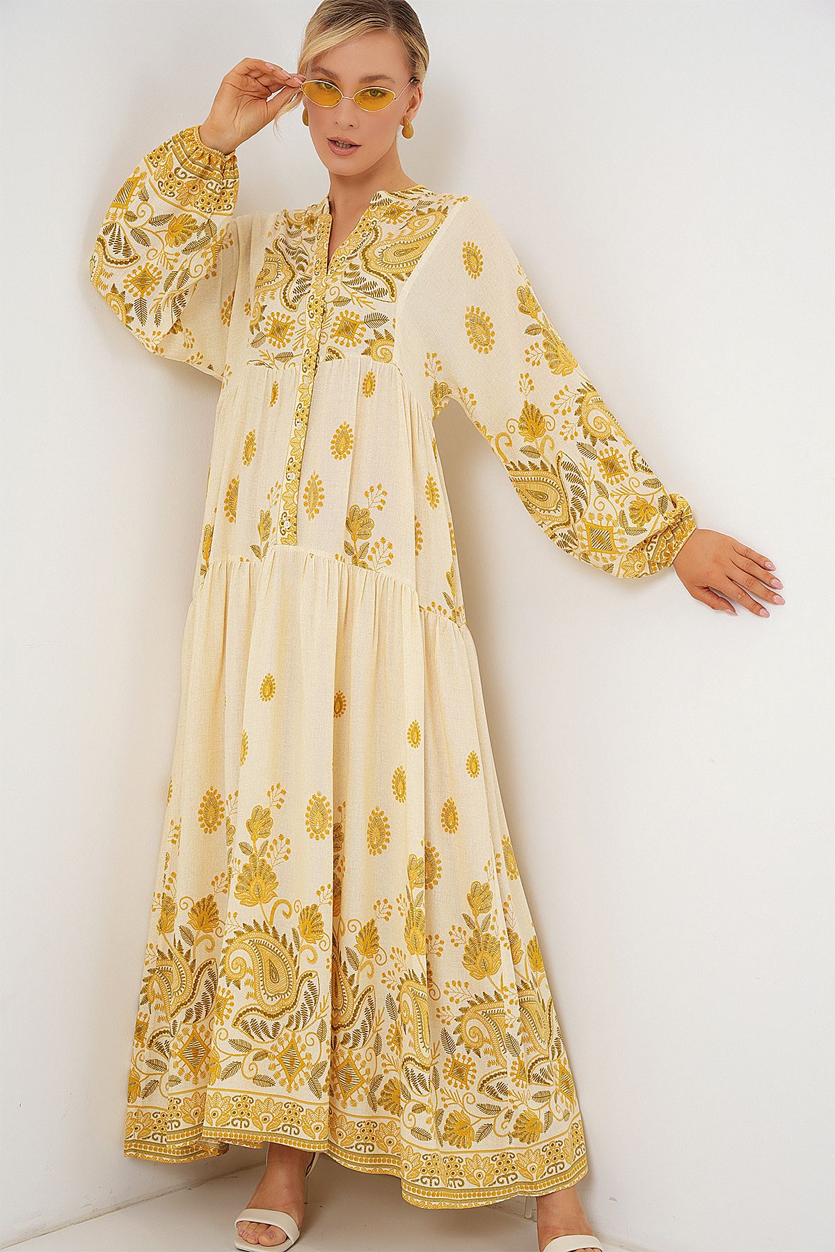 Bigdart-2423 Authentic Patterned Hijab Dress - Y.Yellow 3