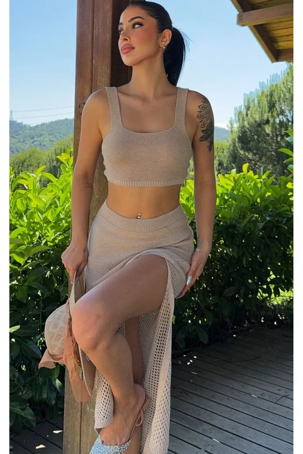 Noi Belis Crop Bluz Ajurlu/Delikli Maxi Boy Etek İnce Yazlık Takım SS25AU0011