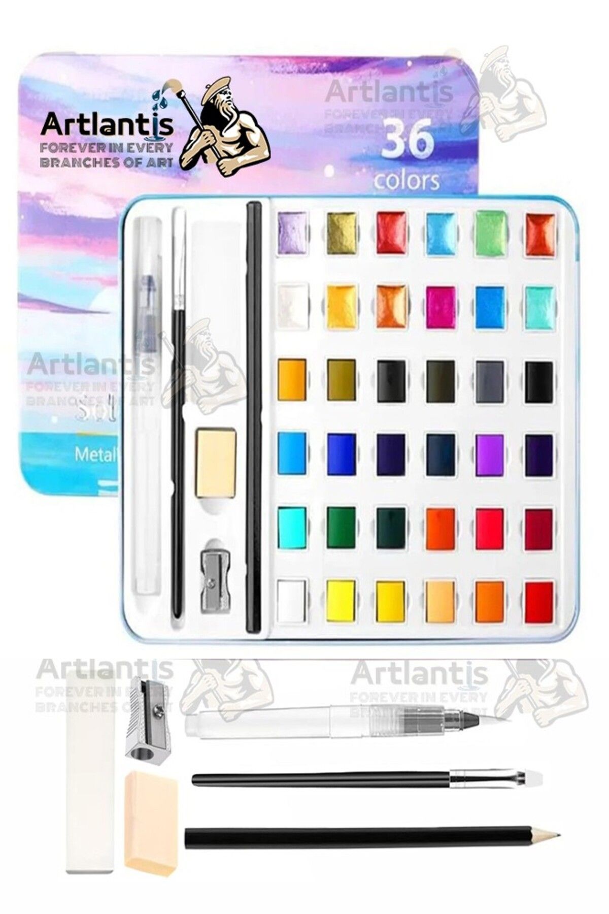 Artlantis Tablet Sulu Boya 36 Renk Teneke Kutu 1 Paket 36 lı Taş Sulu Boya Çıkarılabilir Tablet Suluboya Resim