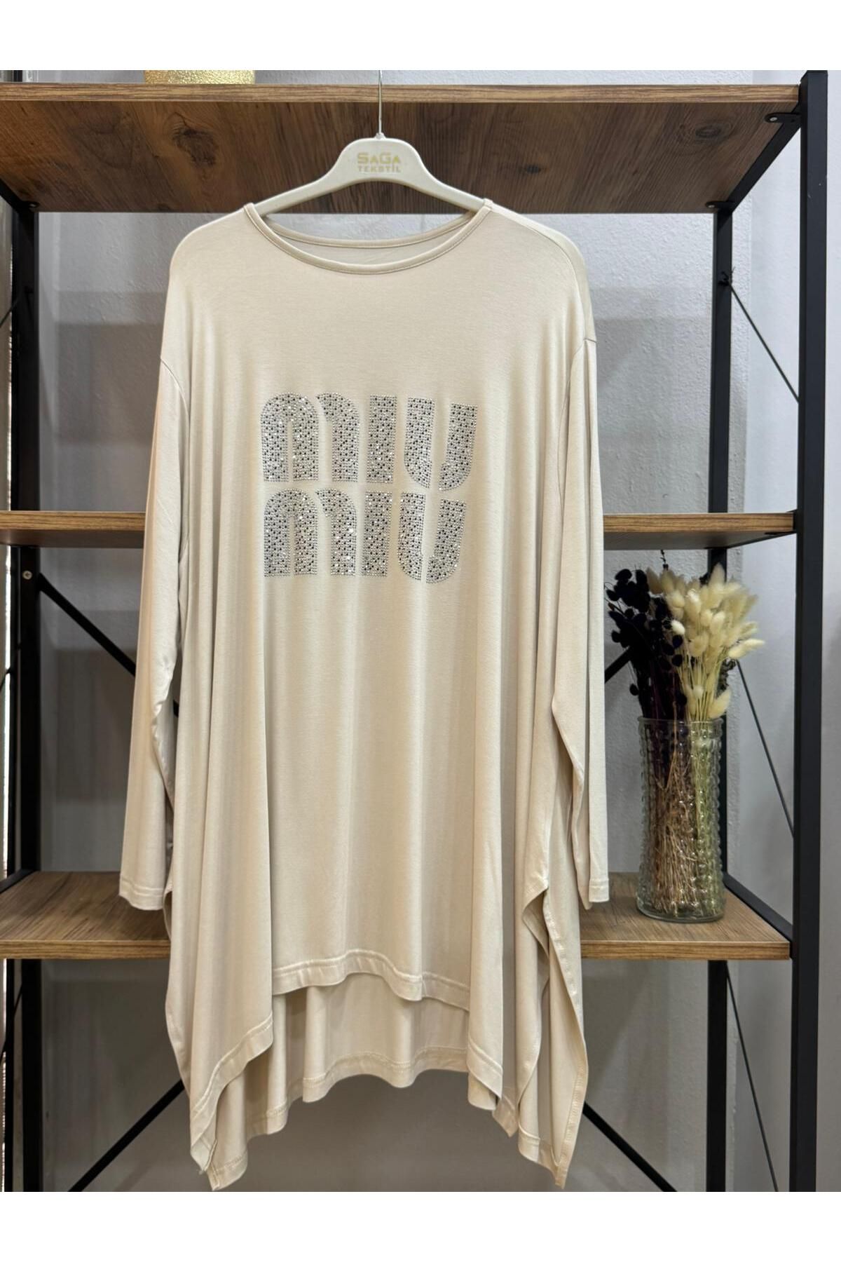 ÖZNE BUTİK Kadın pamuklu likralı bisiklet yaka taş baskılı oversize tunik