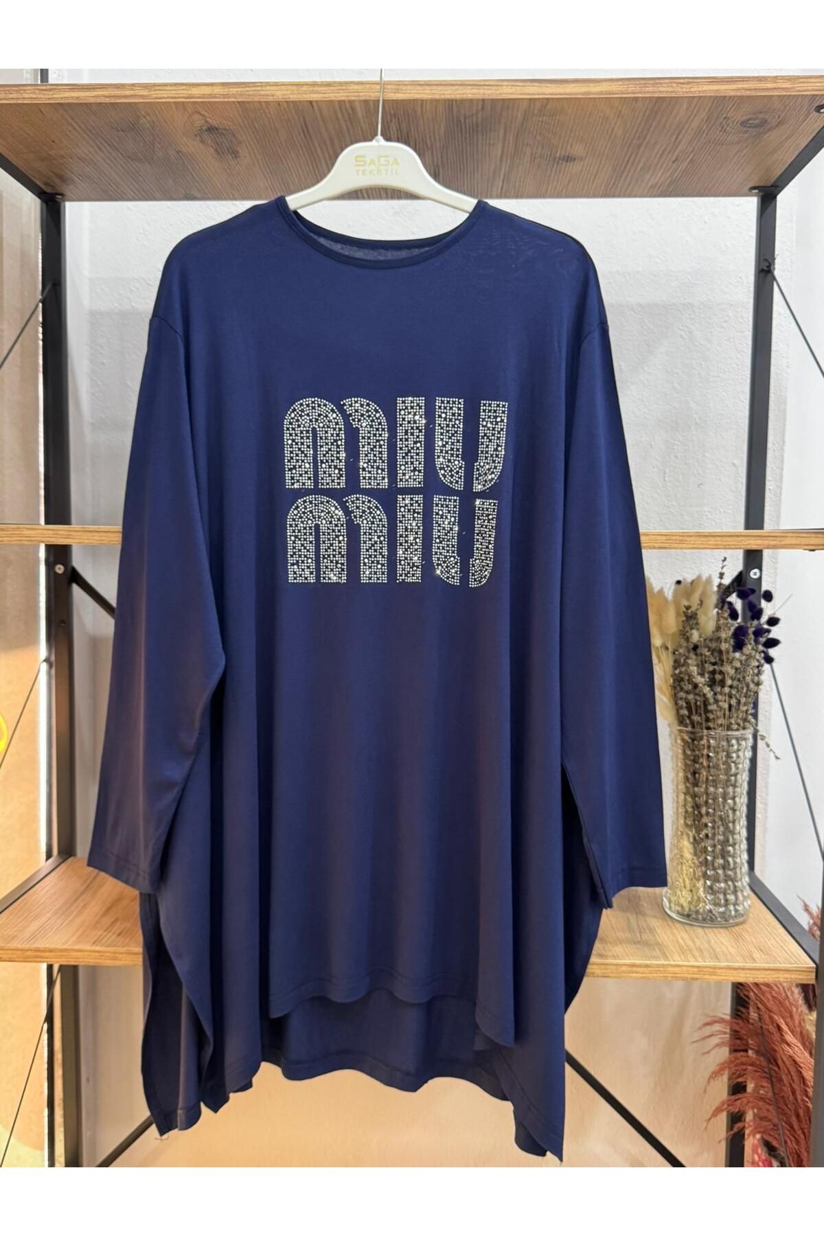 ÖZNE BUTİK Kadın pamuklu likralı bisiklet yaka taş baskılı oversize tunik