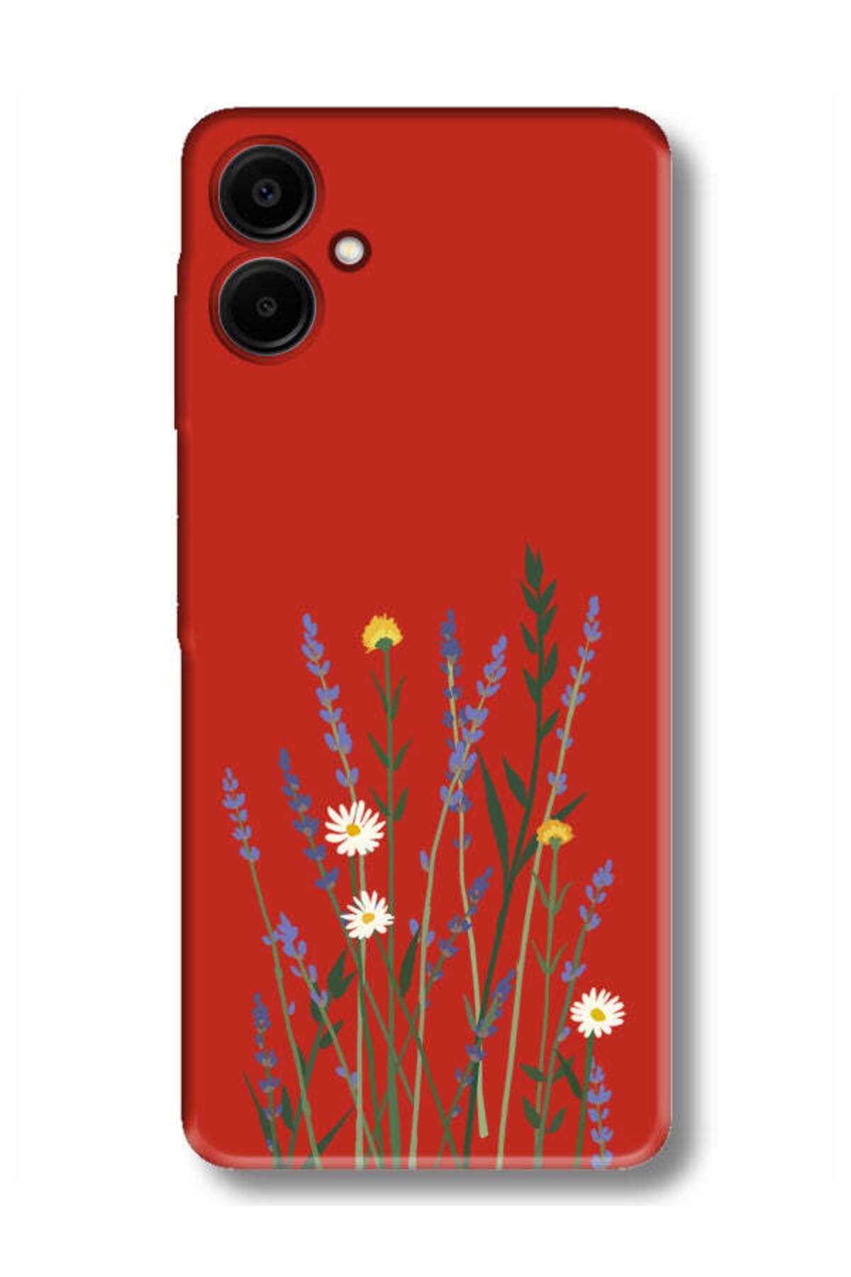 frondcase Samsung A06 Lavanta Desenli Kırmızı Telefon Kılıfı