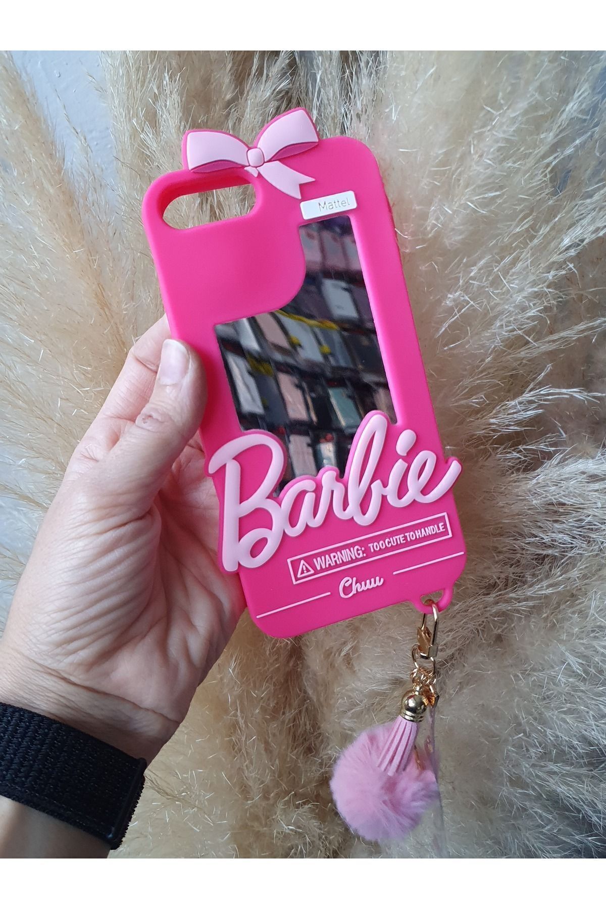 ZB Aksesuarda Moda iPhone 7 PLUS - 8 PLUS Uyumlu Aynalı Ponponlu Barbi Silikon Kılıf