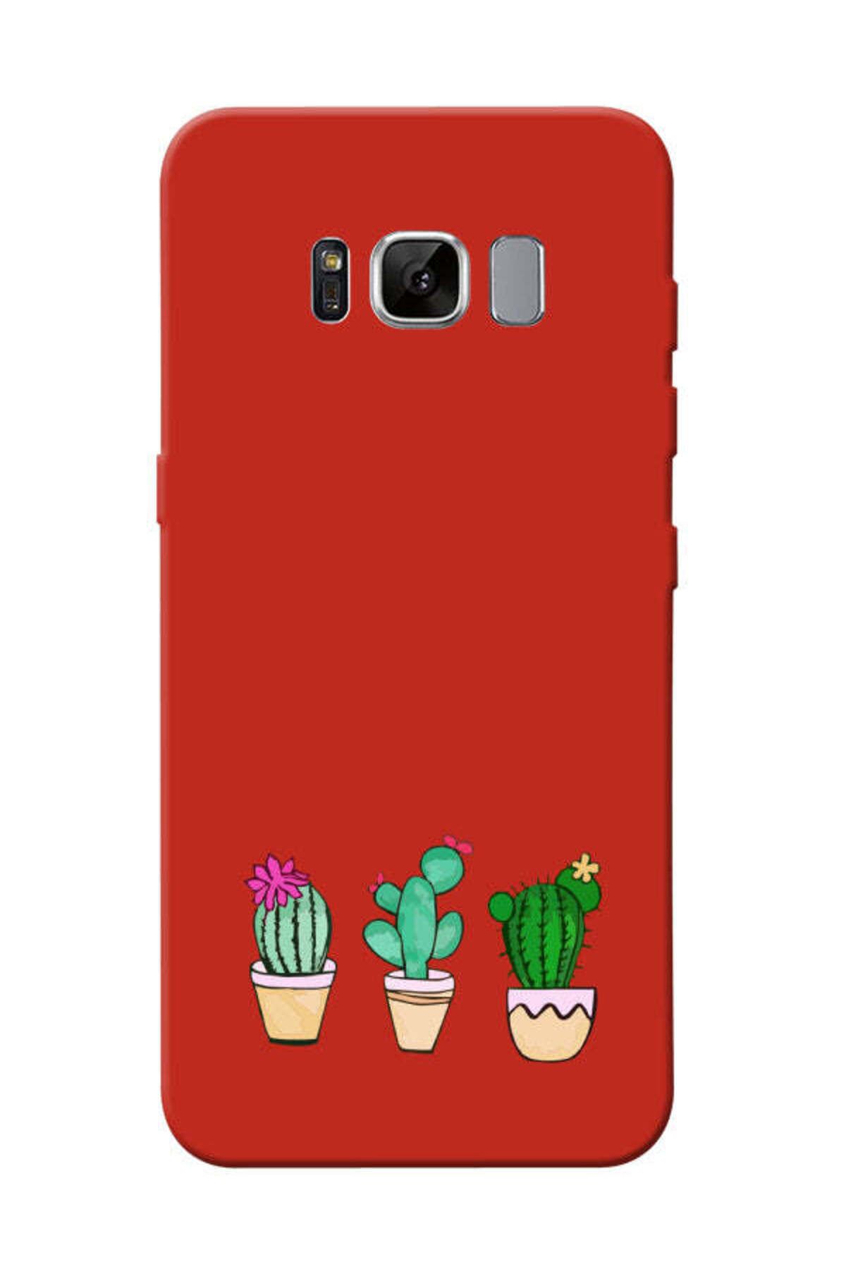 frondcase Samsung S8 Kaktüs Desenli Kırmızı Telefon Kılıfı