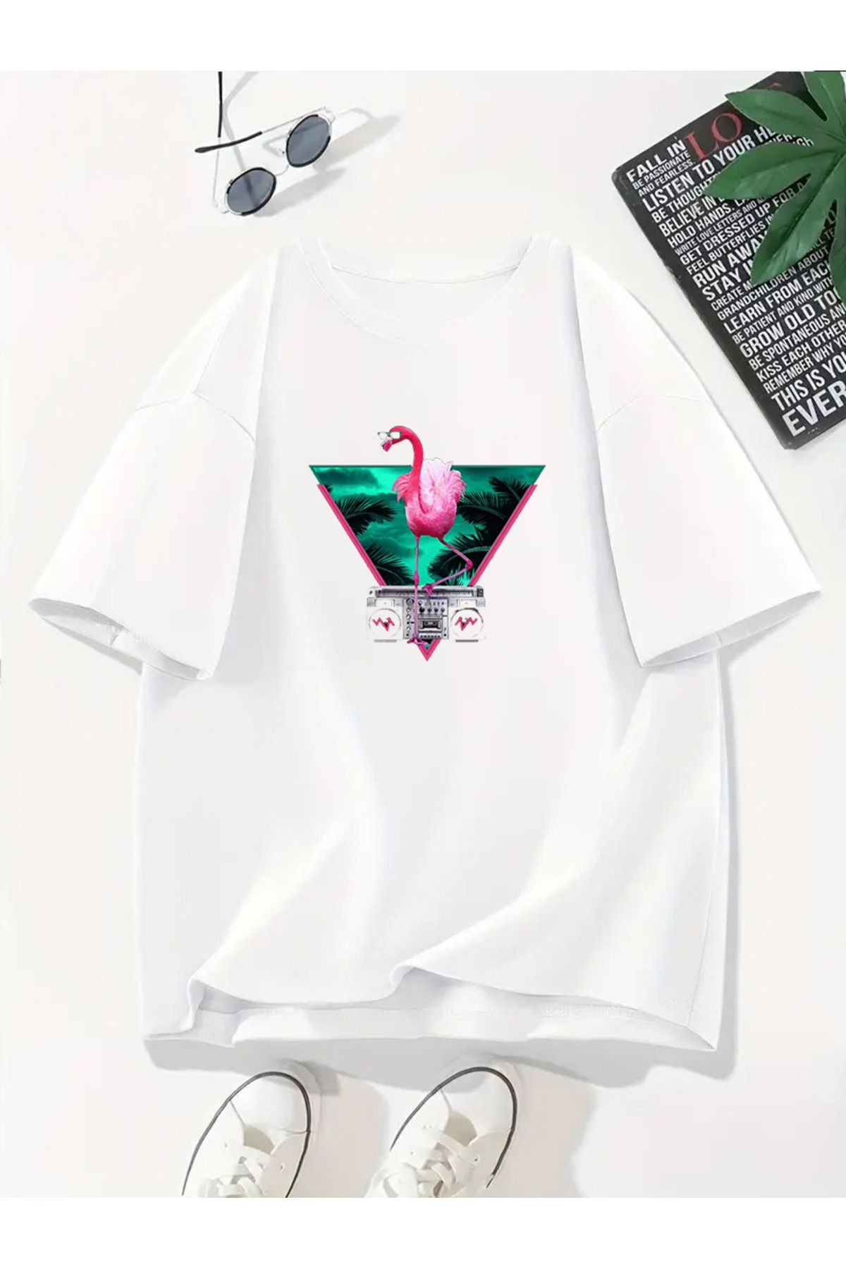 MODA Unisex Oversize Kalıp Flamingo Baskılı T-Shirt
