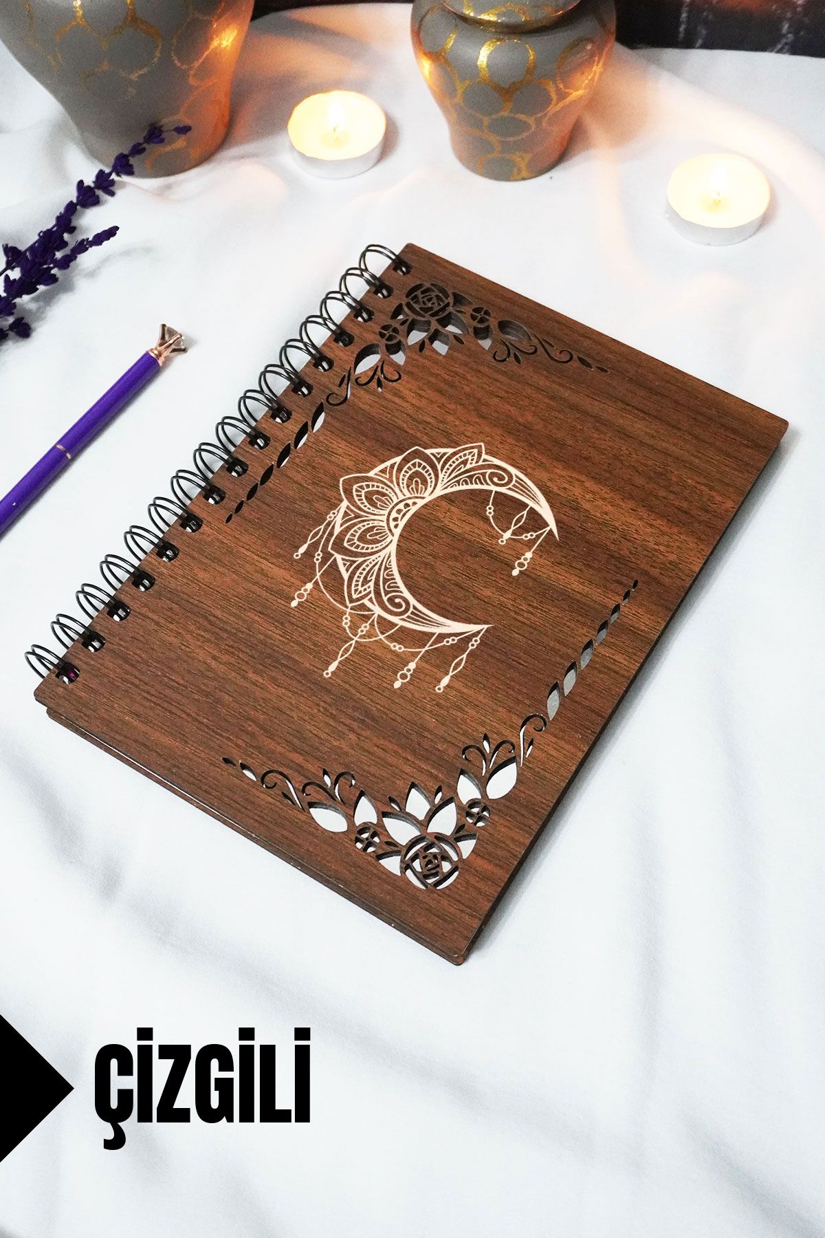 markcat Ay Mandala Ahşap Kapaklı Okul Defteri - Çizgili Defter - 60 yaprak (120 sayfa) - A5 15x21 cm