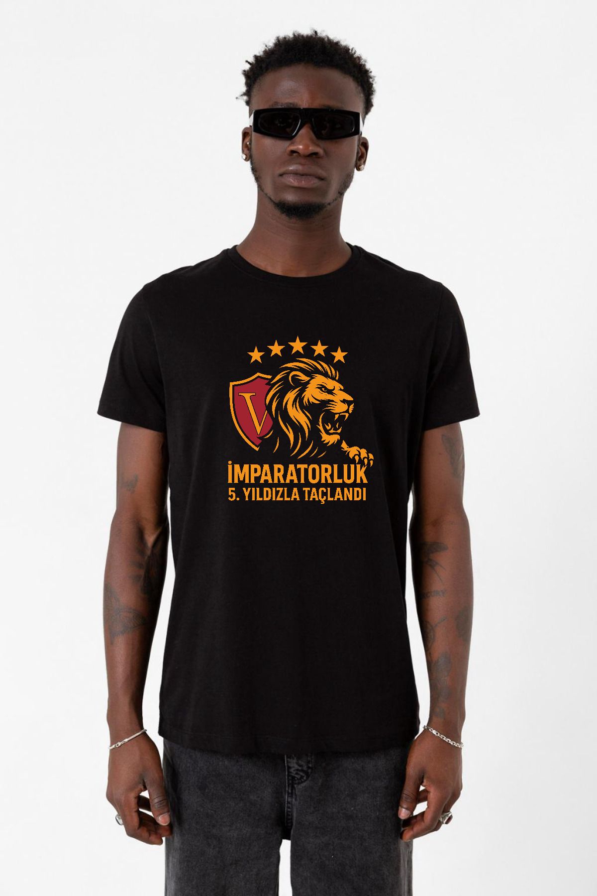 Tshirthane 5 Yıldız Sarı Kırmızı İmparatorluk Siyah Erkek Tshirt