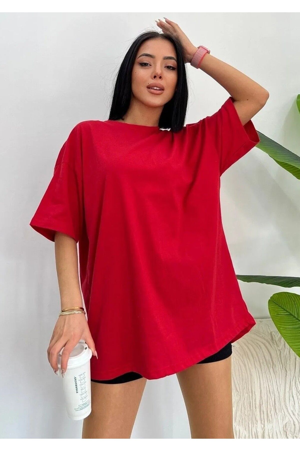 Syndra Unisex Pamuk Bisiklet Yaka Boyfriend Örme Oversize T-shirt