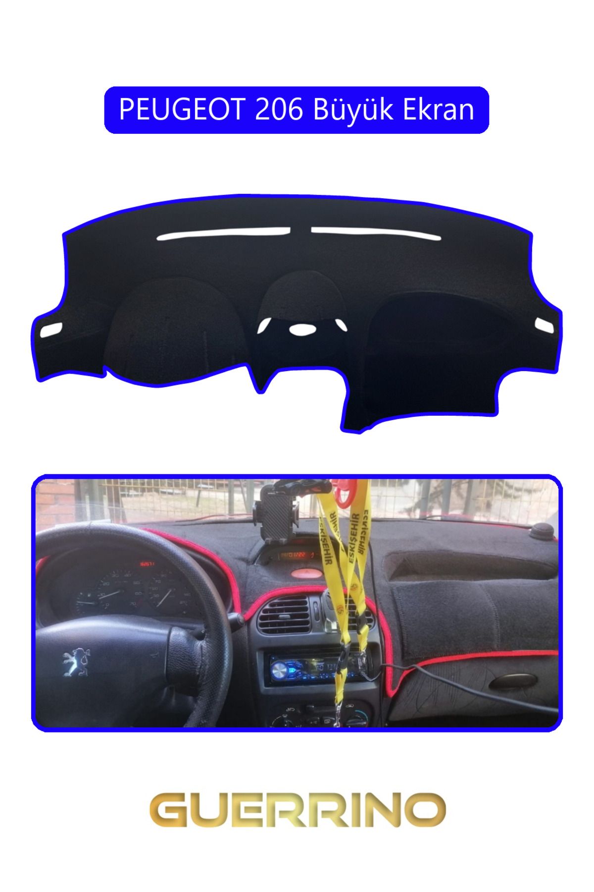 Guerrino PEUGEOT 206 Büyük EkranTORPİDO KORUMA HALISI MAVİ KENAR