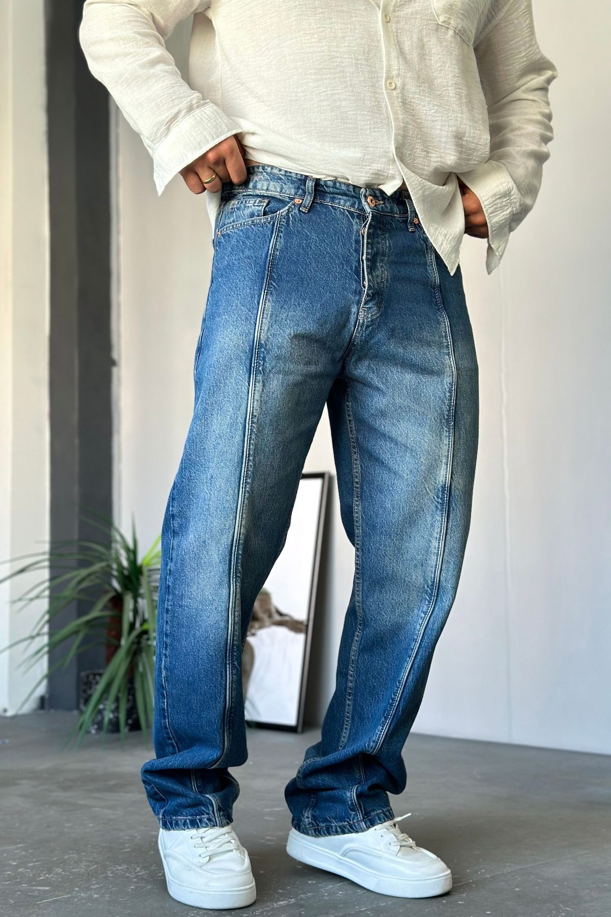 LUVEST ERKEK GENİŞ KESİM BAGGY KALIP UZUN PAÇA MAVİ KOT JEAN PANTOLON
