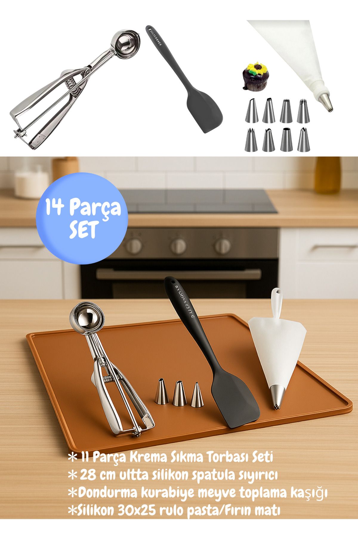 BRE HOME 14 Parça Pasta ve Kurabiye Seti – Krema Torbası + Spatula + Dondurma Kaşığı + Silikon Fırın Matı
