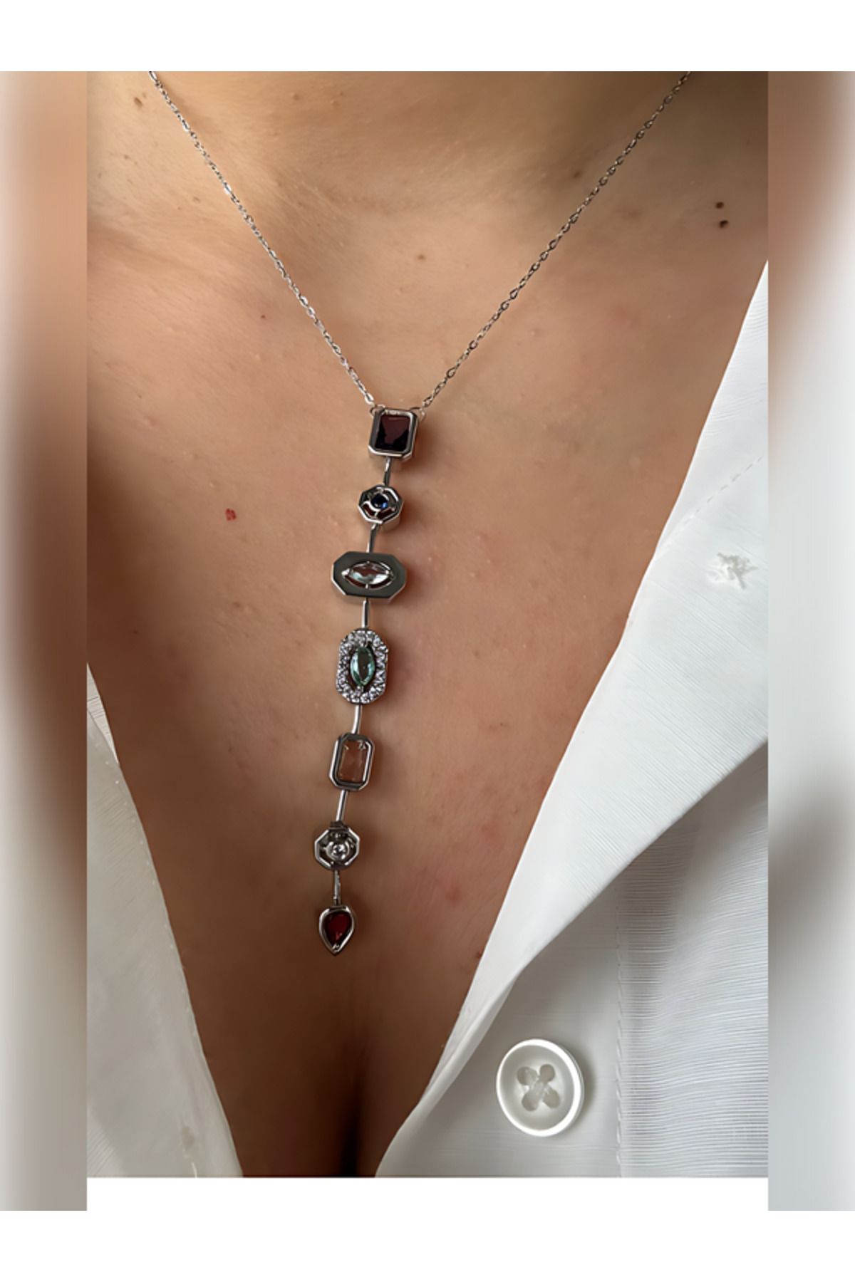 stainless steell Silver Renkli Taşlı Çakra Çelik Kolye