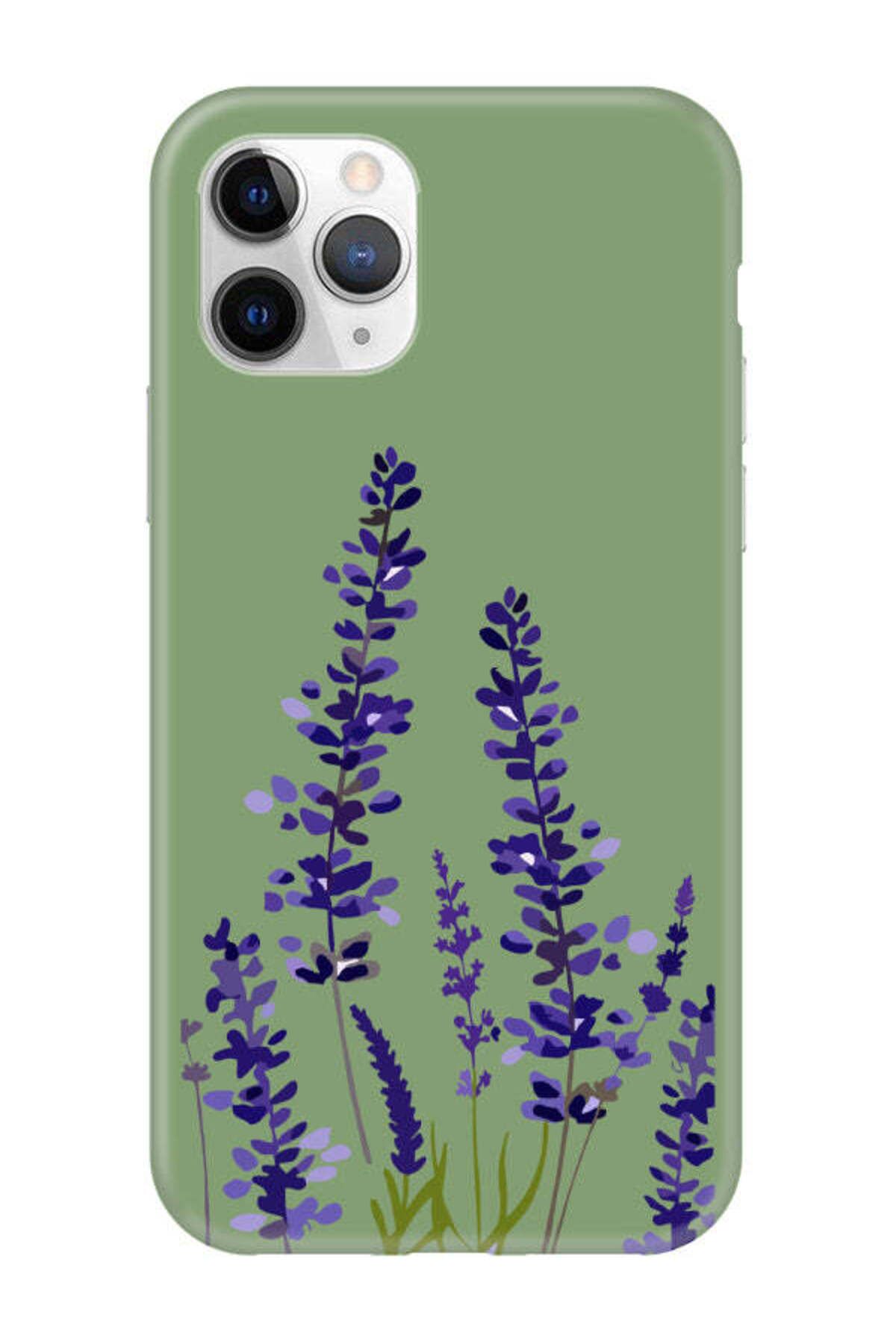 frondcase iPhone 11 Pro Max Lavanta Desenli Yeşil Telefon Kılıfı