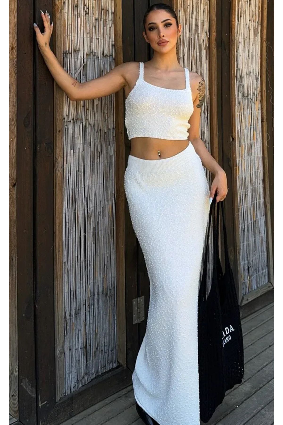 Noi Belis Doku Detaylı Crop Bluz Maxi Boy Etek Yazlık Takım SS25AU0010