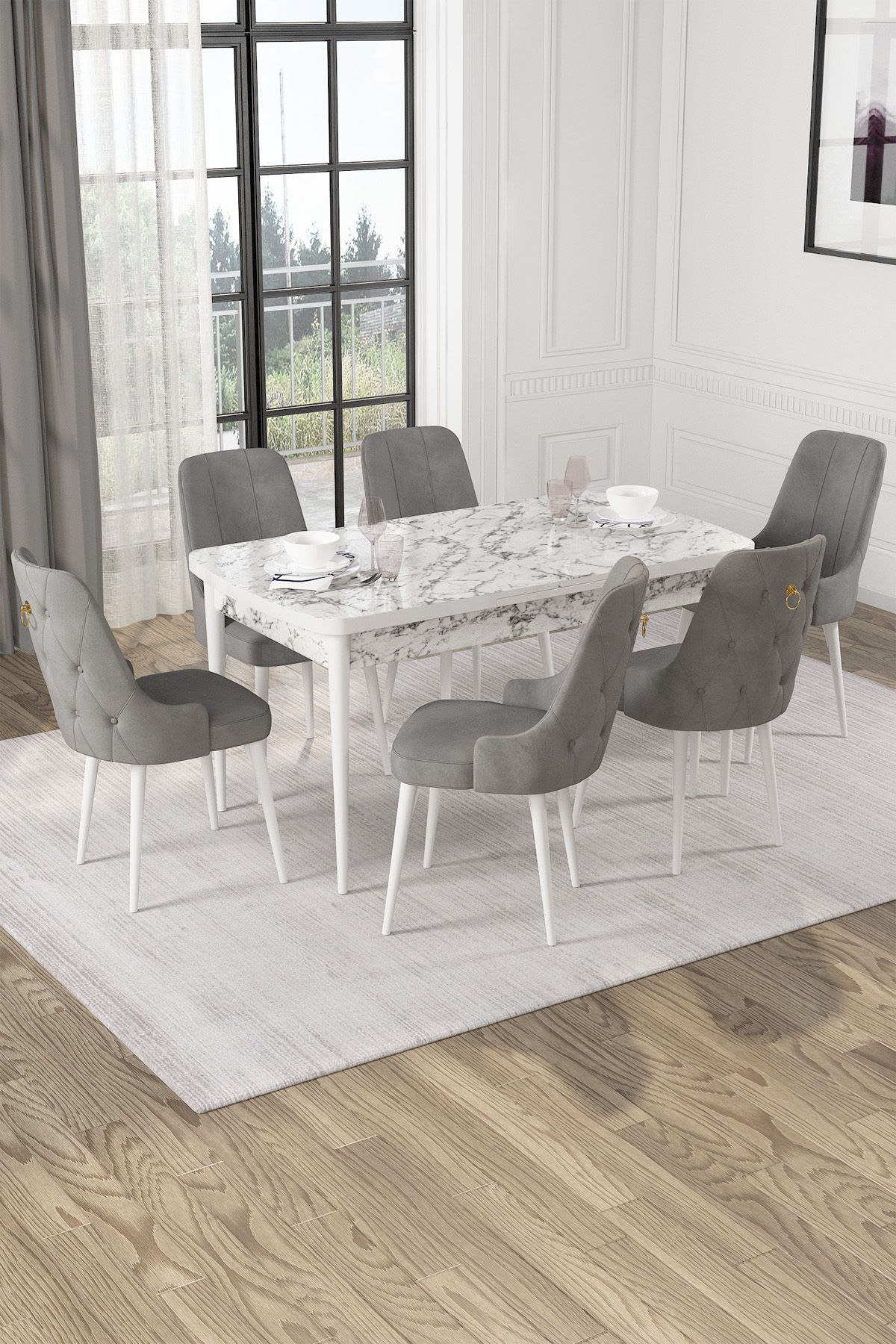 Hira Wessa Serisi 80x132 Açılabilir MDF Beyaz Mermer Desen Masa Takımı 6 Gri Sandalye
