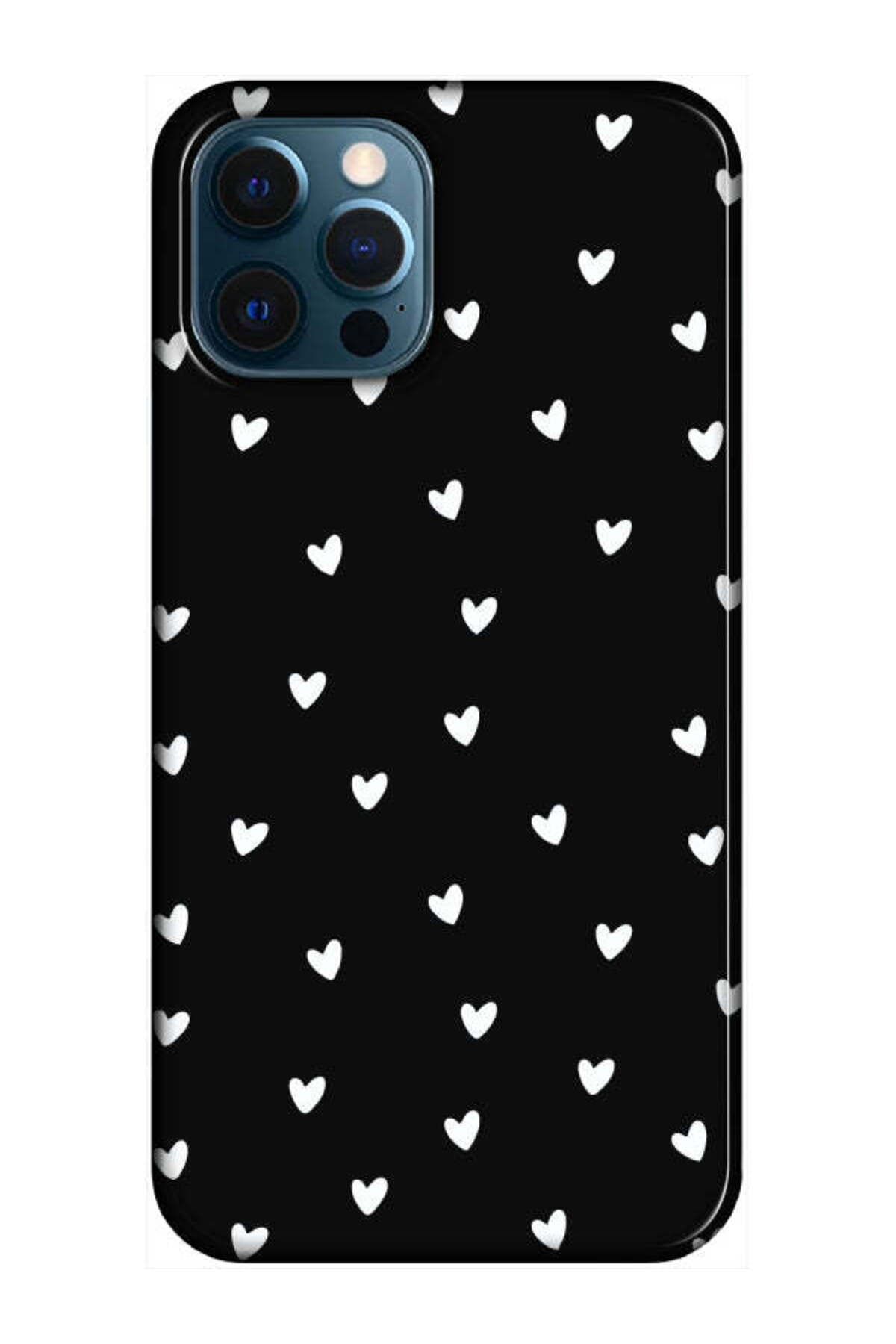 frondcase iPhone 12 Pro Max Küçük Kalpler Siyah Telefon Kılıfı