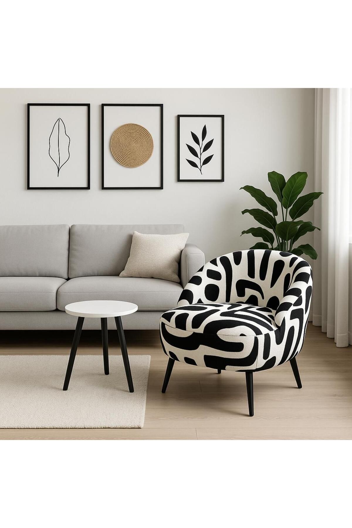 KOKİ DESİGN ZEBRA Ahşap Ayaklı Dokuma Kumaş Dinlenme TV Koltuğu Koltuk Berjer - ZİGON SEHPA HEDİYELİ