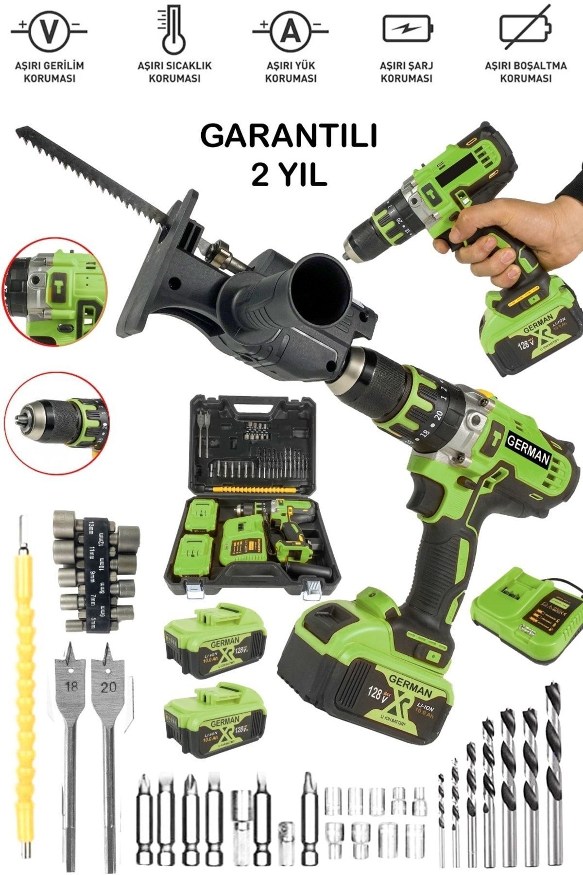 SerenityHaven 128 Vf Bakır Sargı Darbeli Şarjlı Matkap 2 Akü Metal Şanzıman Vidalama Tilki Testere Aparat 44 Setl
