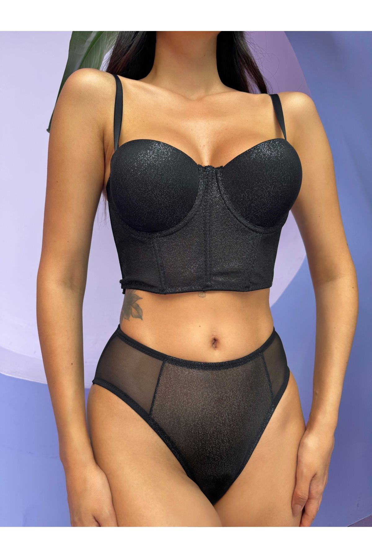 Gamze Day's Lingerie Destekli Siyah Hologram Bustiyer Takım