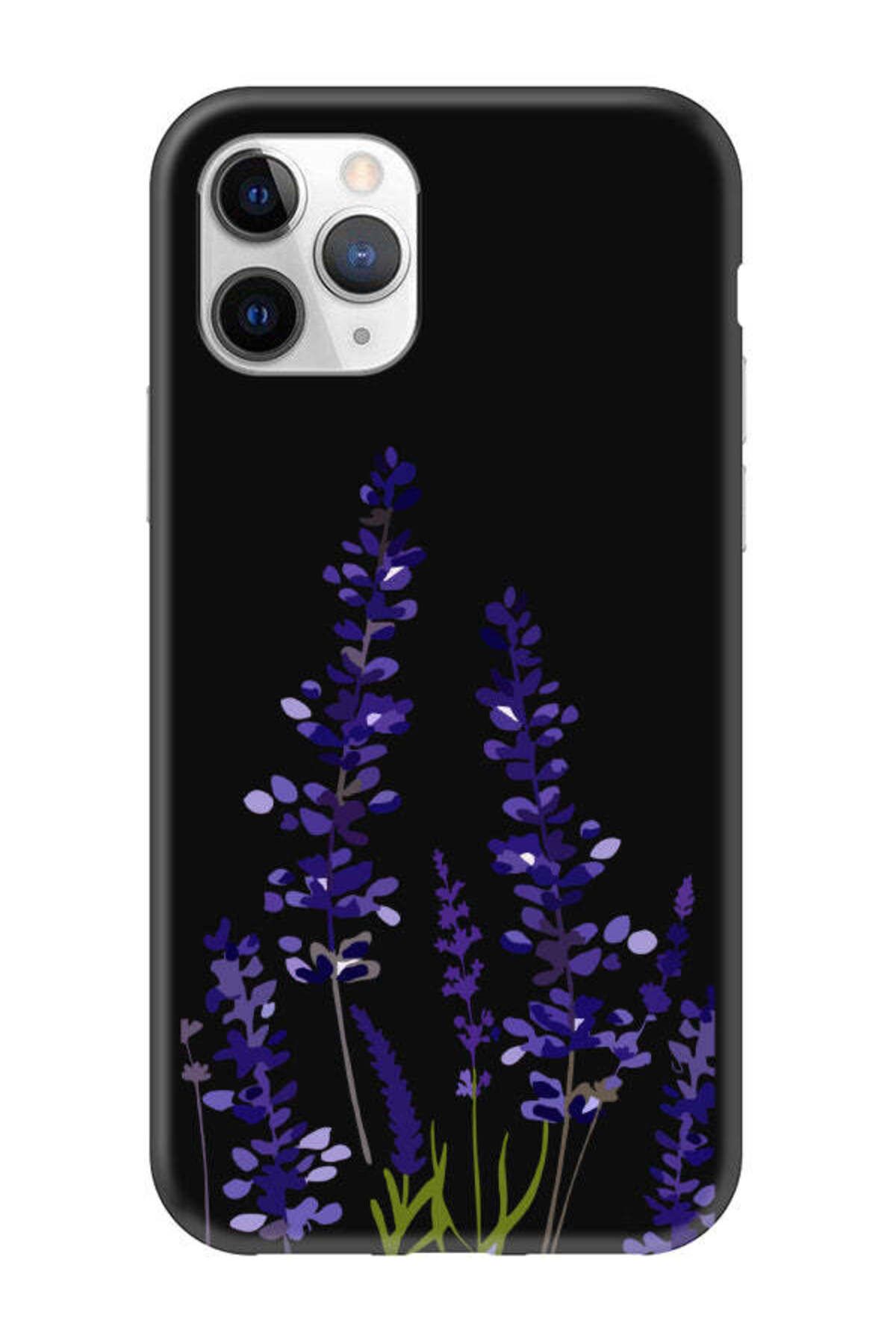 frondcase iPhone 11 Pro Lavanta Desenli Siyah Telefon Kılıfı